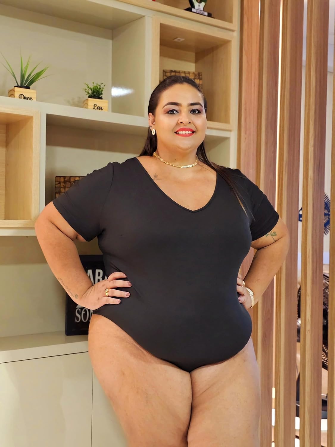 COOTRY Plus Size Short Sleeve Bodysuits for Women V Neck Body Suit Tops Basic One Piece Bodysuit T Shirt - Image 2