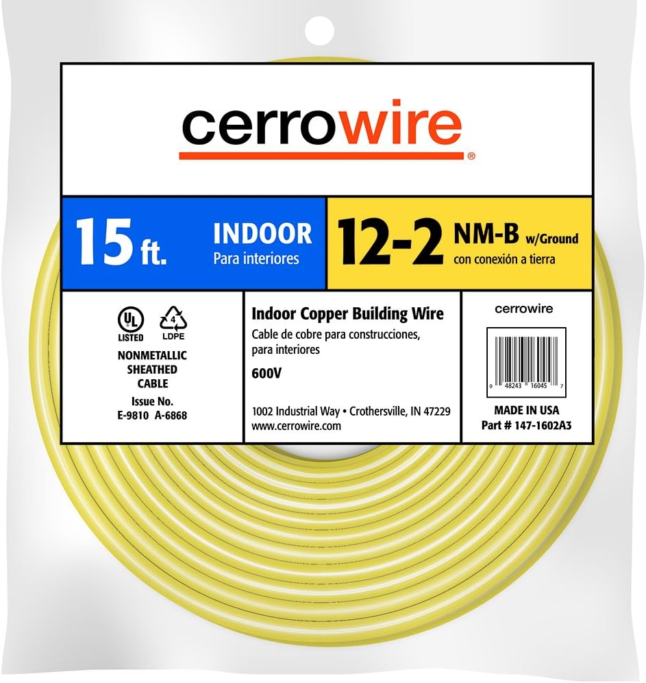 Cerrowire 147-1602A3 15-Feet 12/2 NM-B Solid with Ground Wire, Yellow