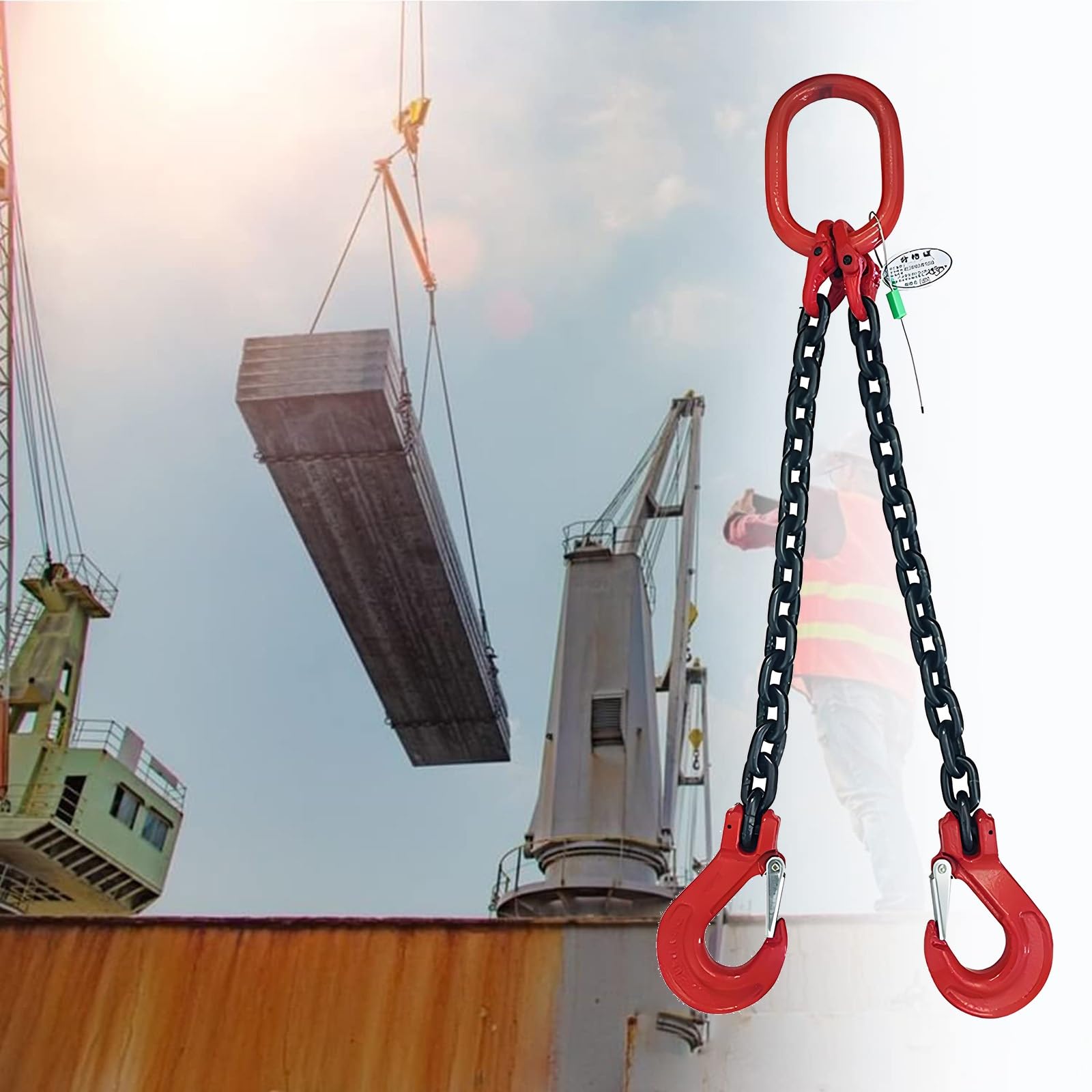 WJFTODAY Heavy-Duty Lifting Chain Sling with Hooks - 6.4 Ton Capacity, Certified Cargo Security, Reliable Towing & Handling Equipment, Durable Chain Hoist for Safe Lifting