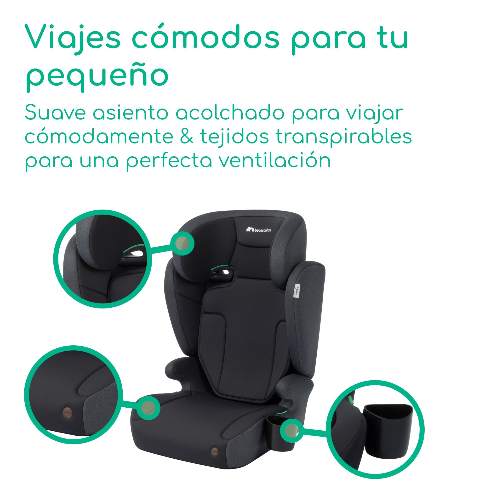 Bebeconfort Ride 2-in-1 i-Safe, Asiento Elevador con respaldo para coche,3,5–12 años (100–150 cm),Elevador con cinturón, Respaldo Desmontable, 3,4 kg,11 Posiciones Reposacabezas,Portavasos, Full Black