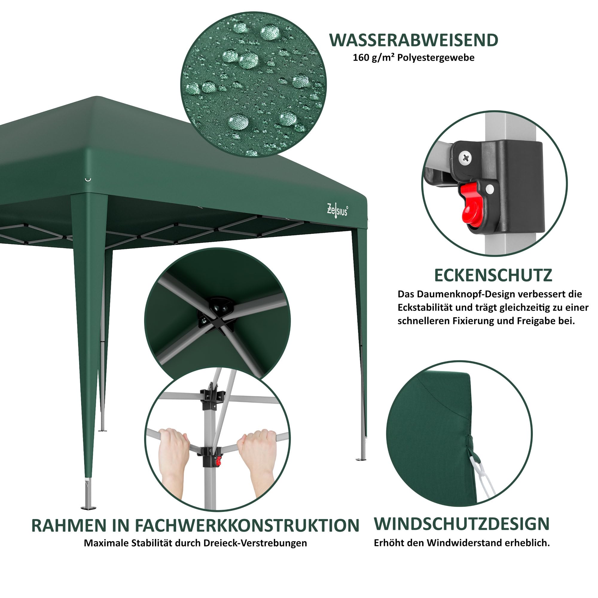 Zelsius Składany pawilon 3 x 3 m ze ścianami bocznymi | zielony | składany pawilon typu pop-up, UV30, namiot ogrodowy, składany namiot imprezowy ze ścianami bocznymi | schronienie do ogrodu, ochrona