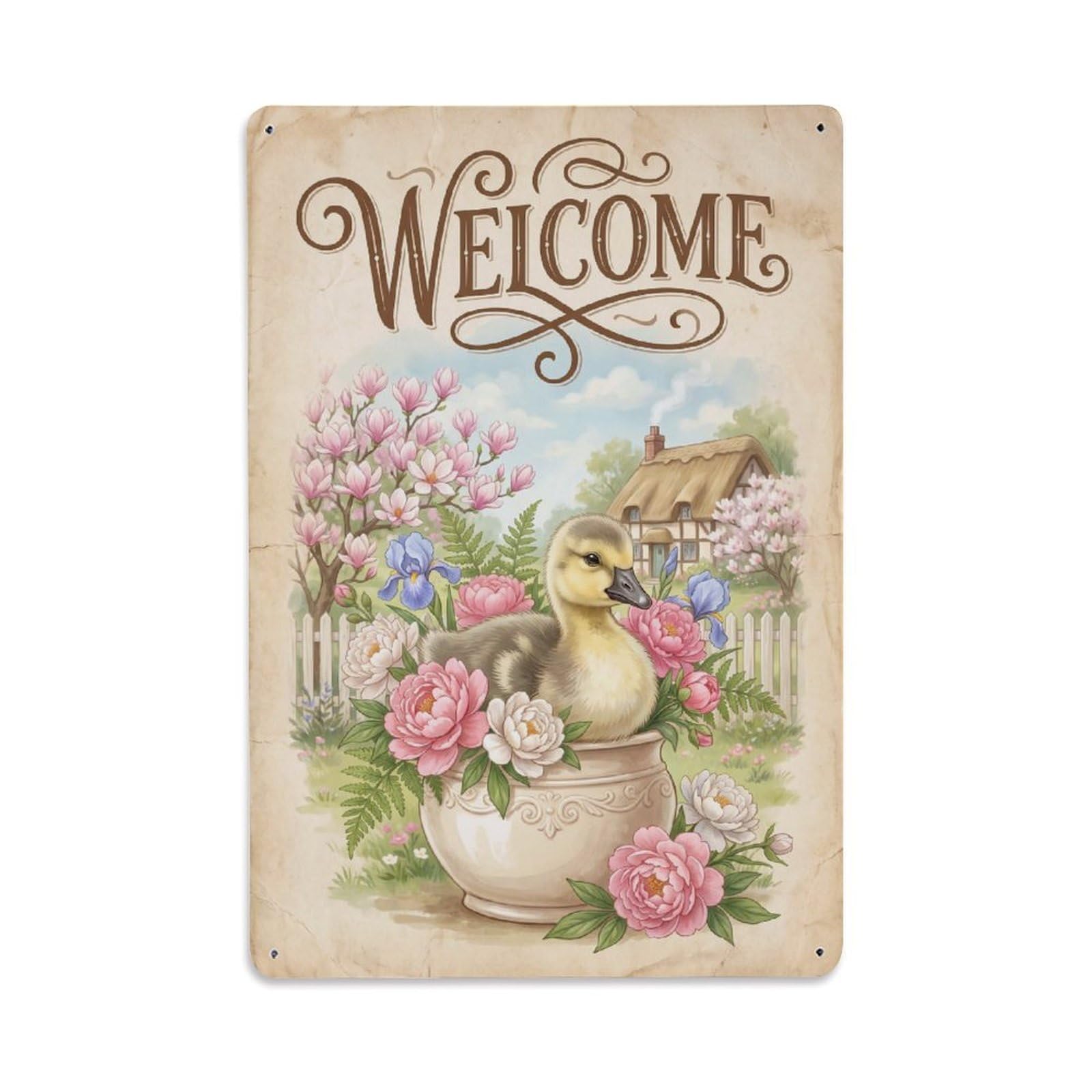 Cxhjca 8X12inch(20X30cm) Vintage Welcome Gosling Petal Paradise Metal Tin Sign