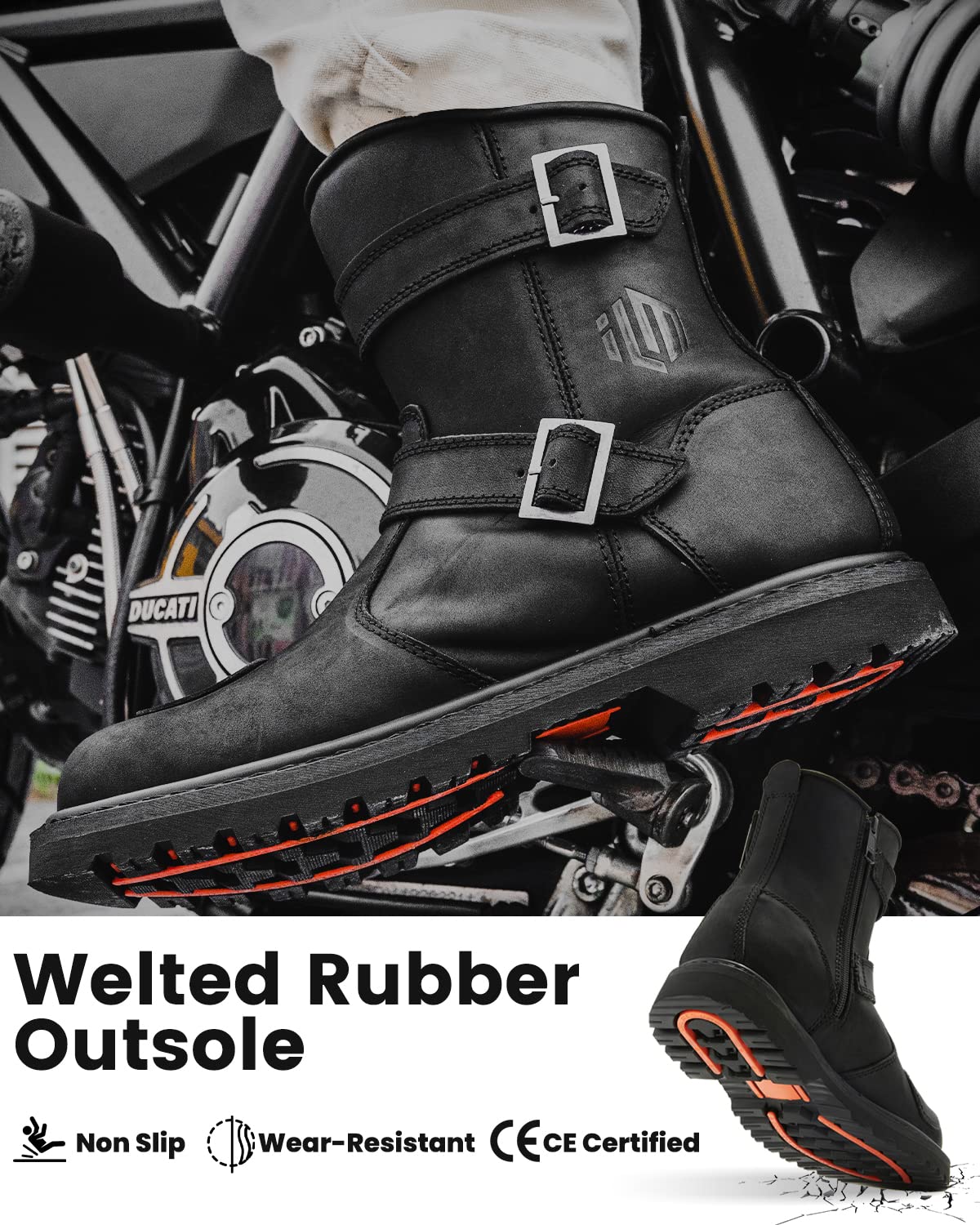 ILM Bota de Moto de Cuero Hombre Mujer Negro con Cremallera Lateral M1005