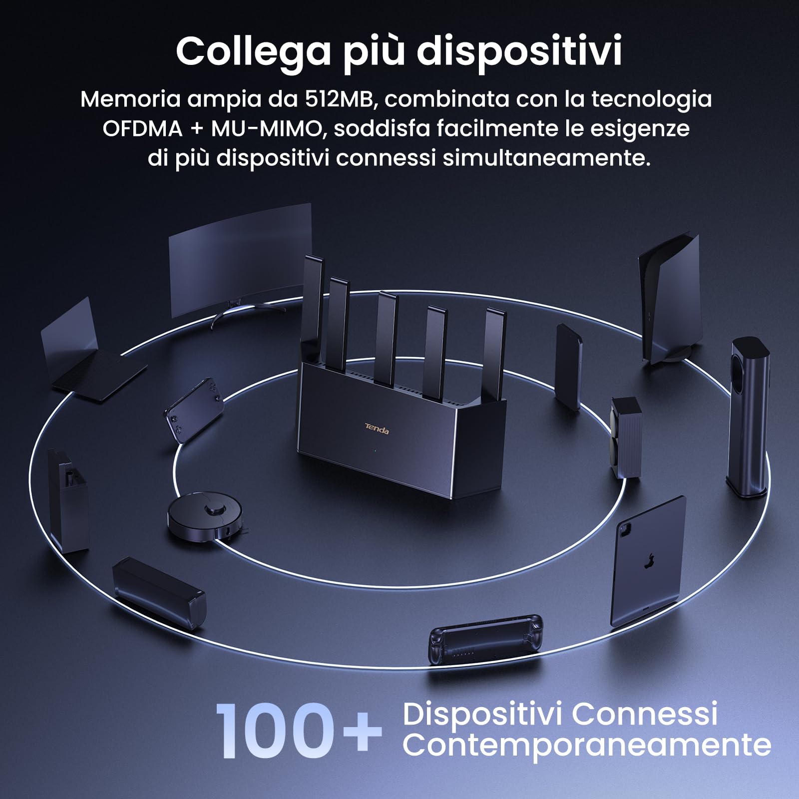 Tenda RE3L Router Wi-Fi 7 BE3600 Dual-Band, Mesh WiFi, Porte WAN/LAN Gigabit, 5 Antenne Verticali, 4K-QAM, MLO, NFC, VPN, WPA3, Controllo tramite App