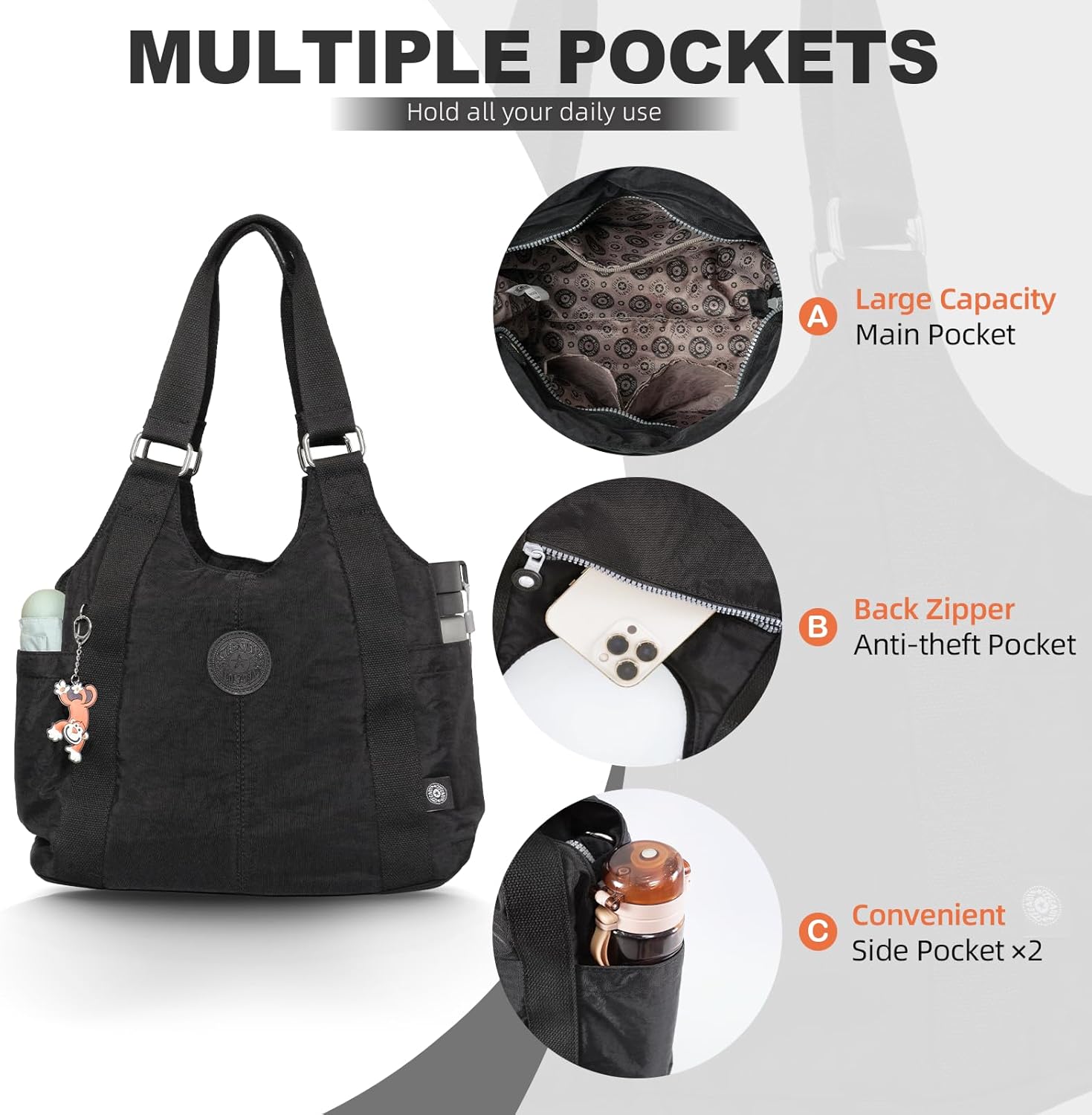 ANEW Tote Bag for Women, Foldable Tote Bag With Zipper Travel Nylon Purse and Handbags Tote Purse Crossbody Bag