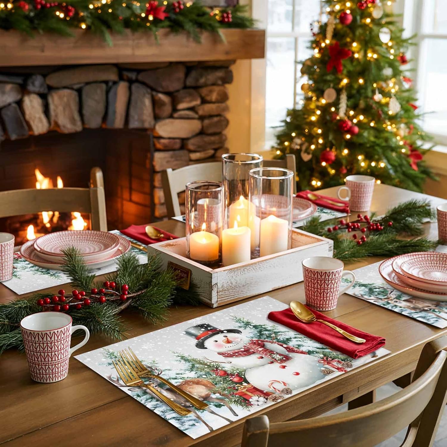 Christmas Placemats Snowman Squirrel Place Mats for Dining Room Dinner Table Pine Tree Pine Cones Snowflake Seasonal Washable Table Mats Kitchen Decorations Set of 8