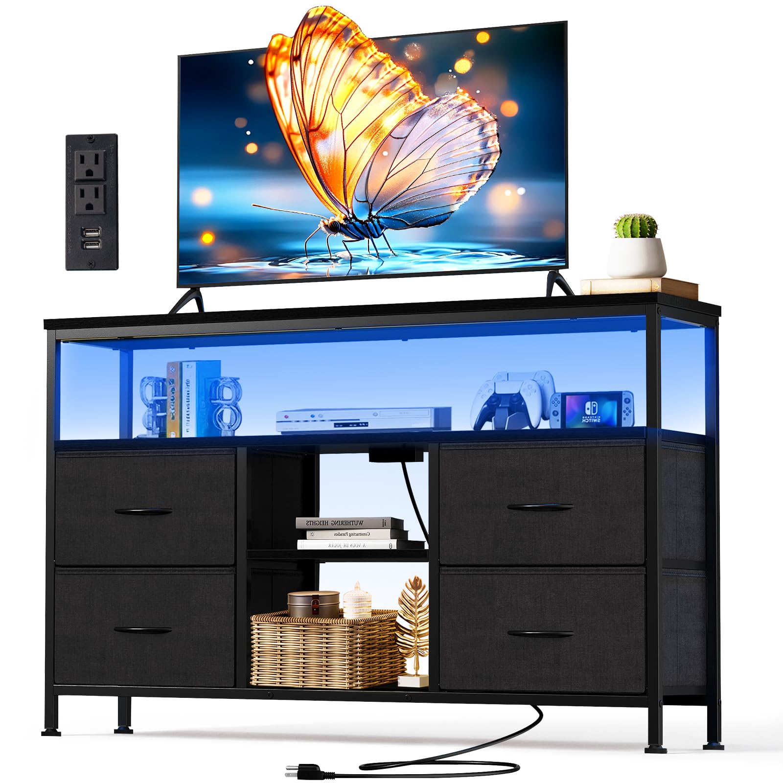 SageNest TV Stand Dresser for Bedroom, Entertainment Center with LED Lights & Charging Station, Media Console with 4 Fabric Drawers and Open Storage