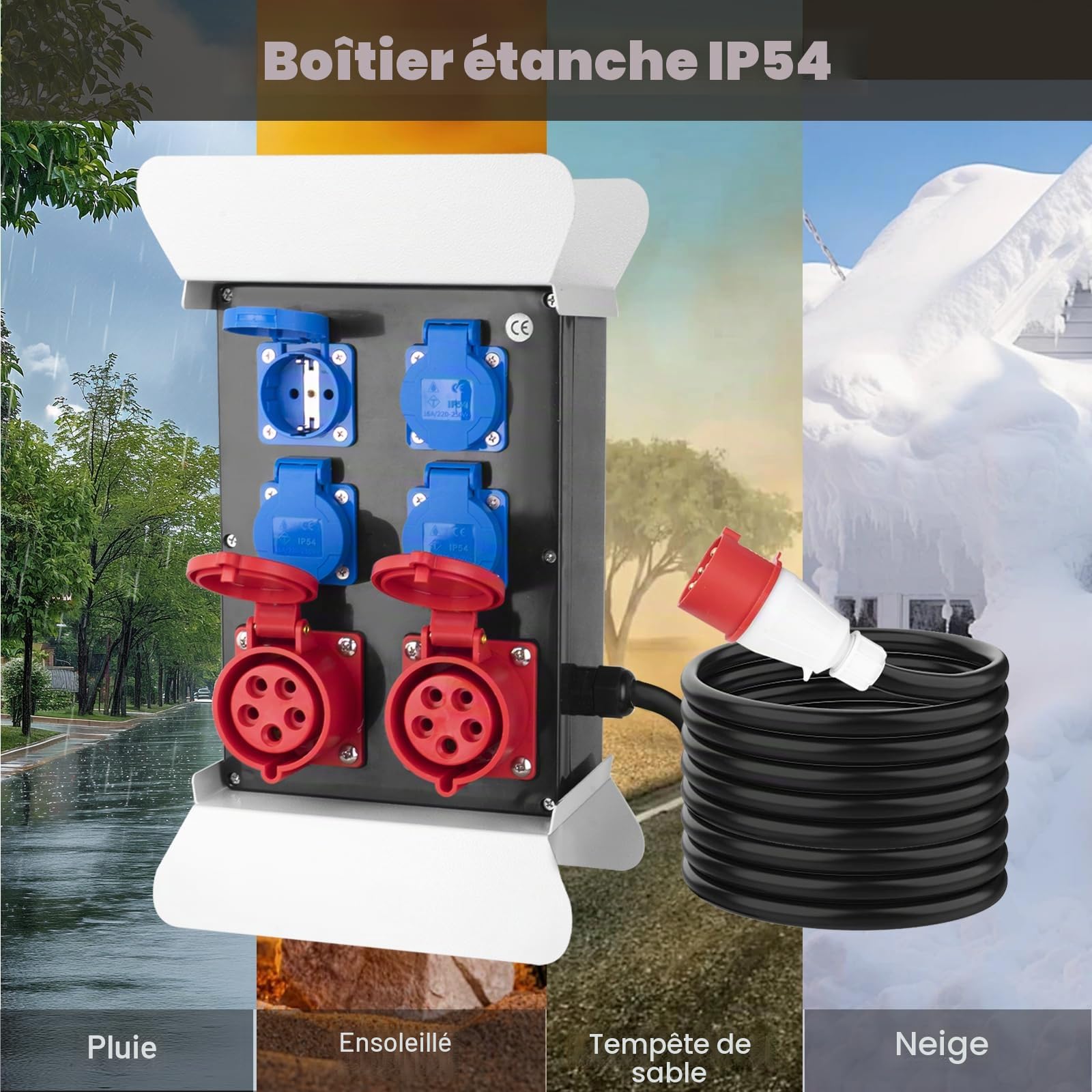 Répartiteur de courant portable avec fiche CEE 400 V/16 A/5 broches – Répartiteur de courant de chantier avec 4 prises Schuko 230 V/16 A et 2 prises CEE 400 V/16 A – Répartiteur de courant
