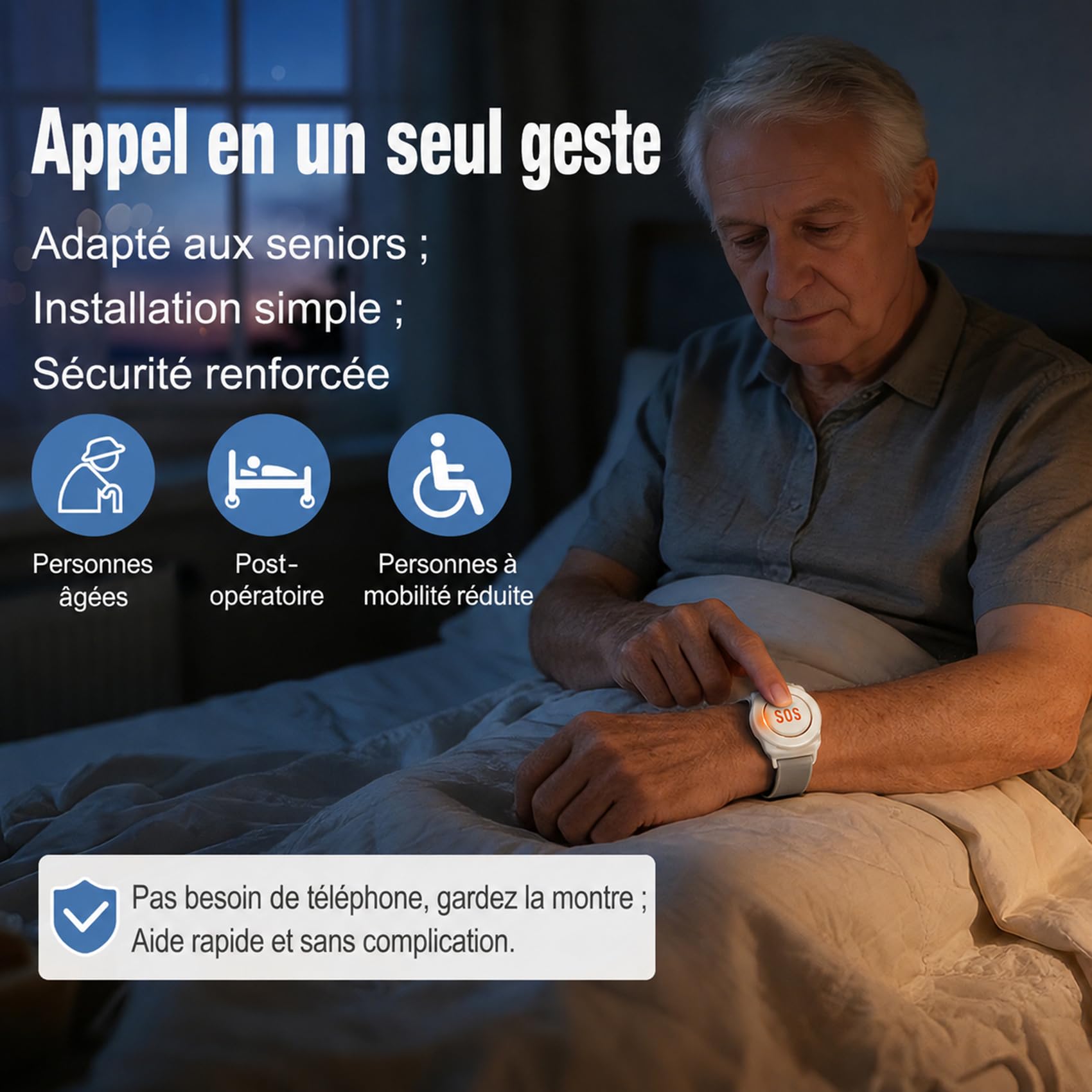 ChunHee Bouton d'appel d'urgence pour Personnes âgées, Bracelet d'appel d'urgence, Rechargeable, Alarme SOS, pour Homme âgé, Patient