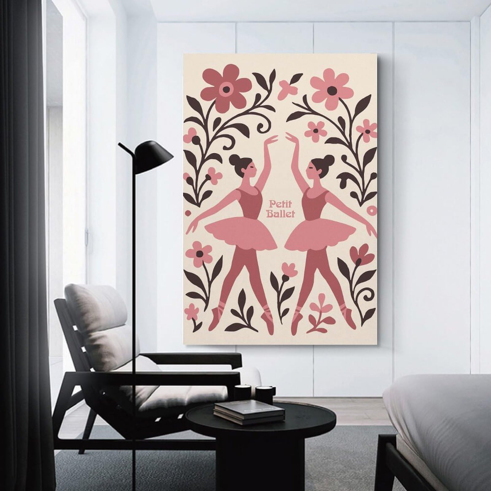 Junmoney Two Ballerinas with Floral Accents Wall Art Print, 12x18inch(30x45cm), for Bedroom Decor, Cosy Corners Or Studios, Decorative Wall Art for Cosy Rooms