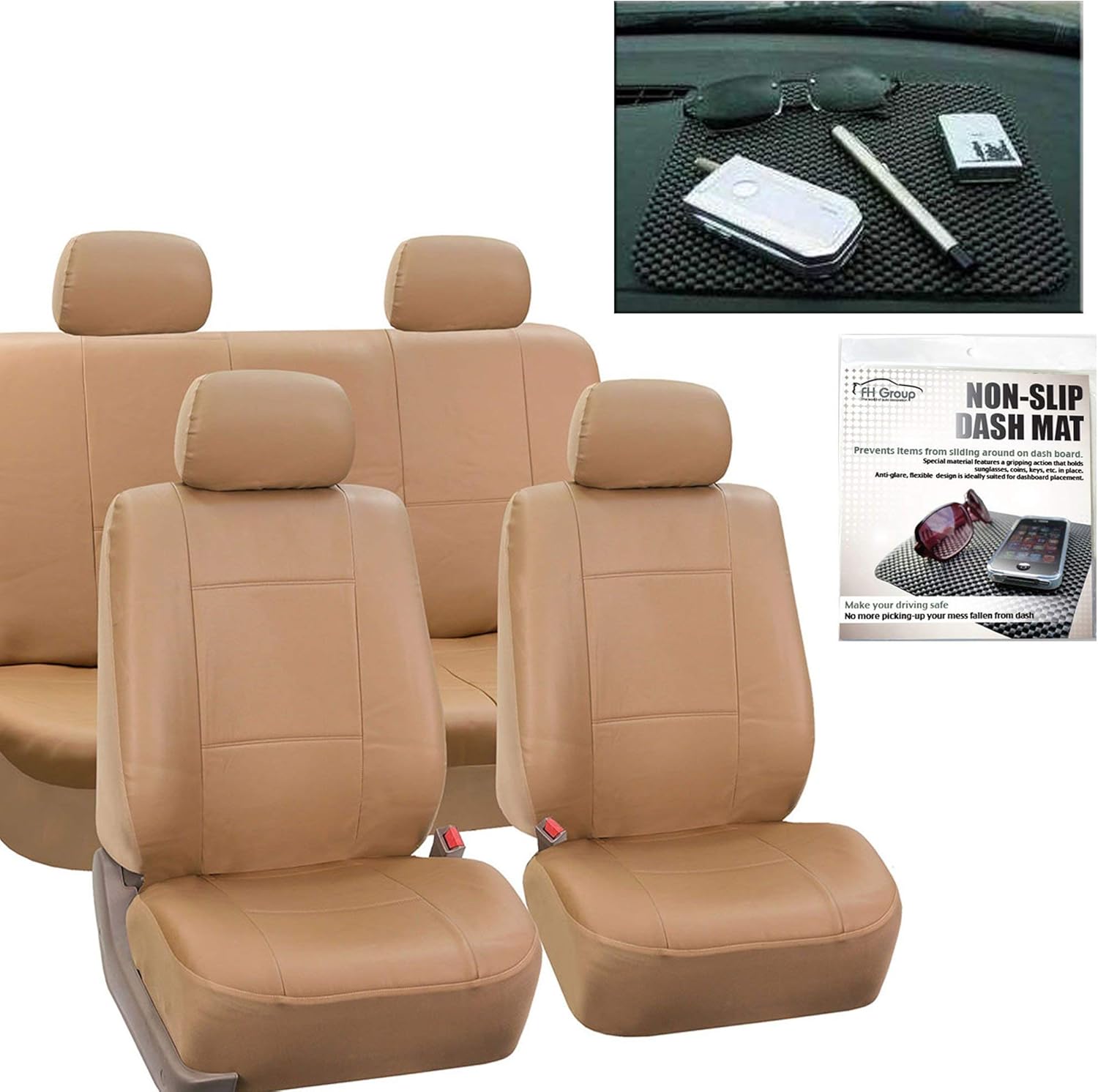 FH Group Car Seat Covers PU Leather Full Set Automotive Seat Covers Front Set and Rear Solid Bench Tan Seat Covers with Gift Universal Fit Interior Accessories for Cars Trucks and SUVs