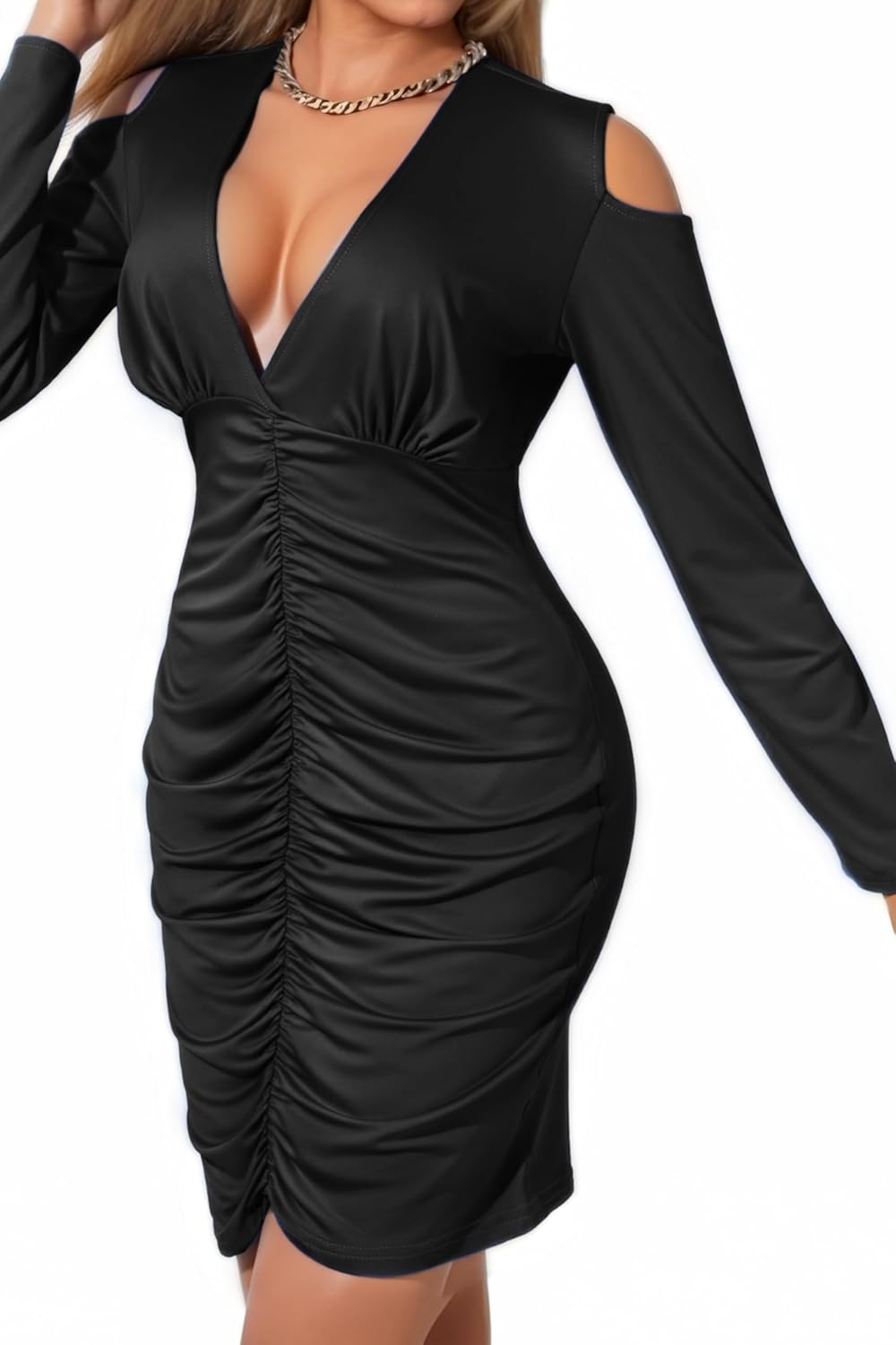 Womens Ruched Sexy Elegant Long Sleeve Off The Shoulder Ruched Mini Dress Elegant Cocktail Party Wedding Midi Dress - Image 2