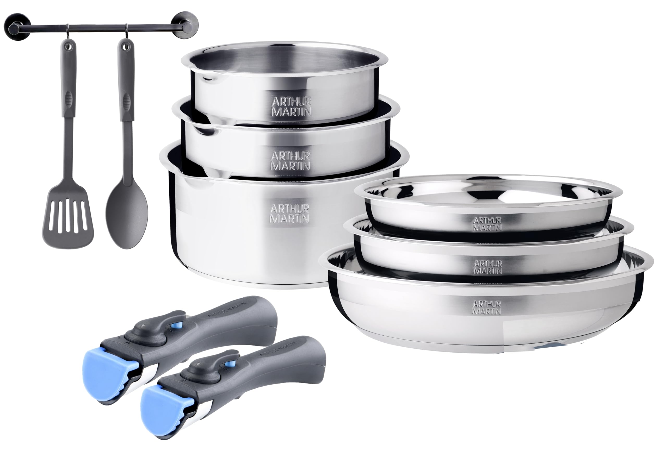 Arthur Martin, Set de Cocina de Acero Inoxidable 10 Piezas - 3 Sartenes (20-22-26 cm) y 3 Cacerolas (16-18-20 cm) + Utensilios, Mangos Ergonómicos, Todos Calentadores de Inducción, Graduación Interior