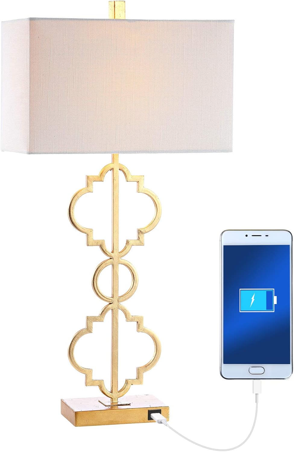JONATHAN Y 32" Gold Iron Ogee Trellis Modern LED USB Table Lamp, Glam Geometric Metal Base with White Linen Rectangle Shade for Living Room Bedroom, LED Bulb Included JYL3071A