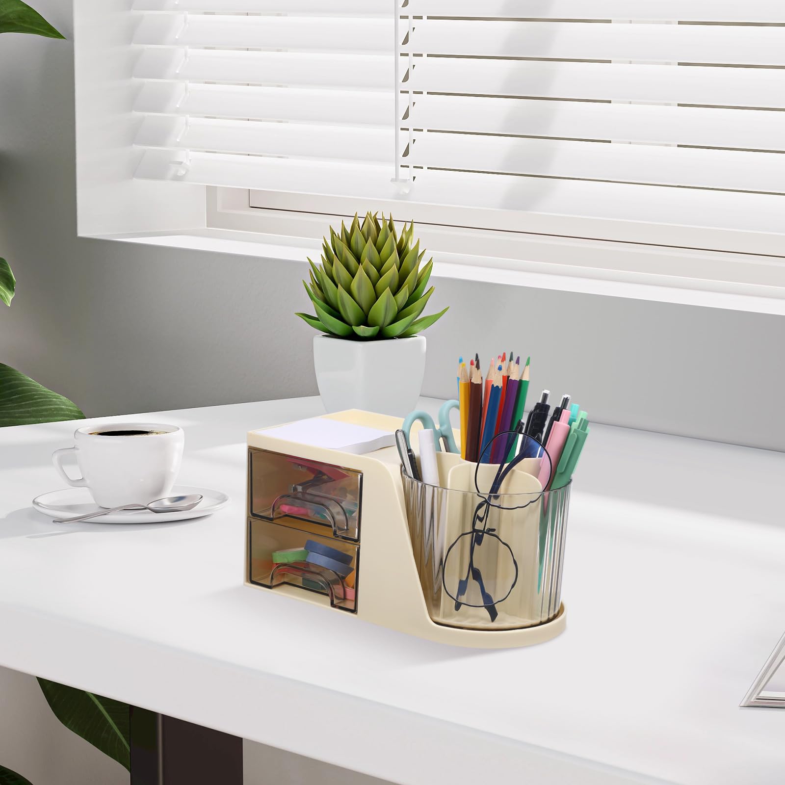 Organizador de Escritorio Portalápices Blanco de Plástico Compartimentos Múltiples y Cajones Dobles, Caja de Papelería Compacta para Oficina y Espacio de Trabajo