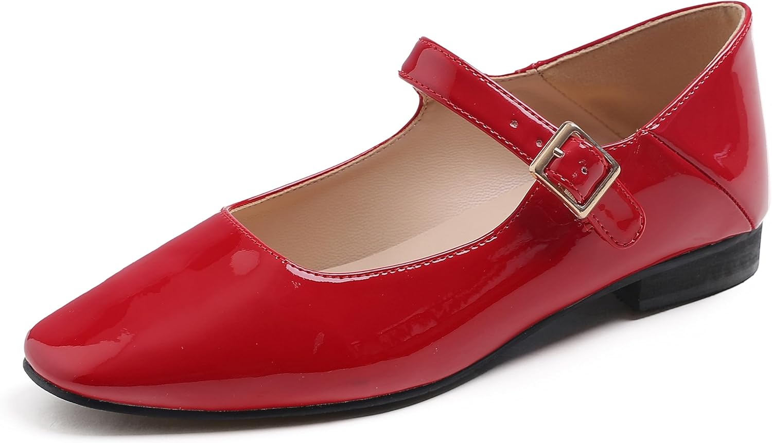 Sq Maryjane Red Vegan Patent Stack Heel