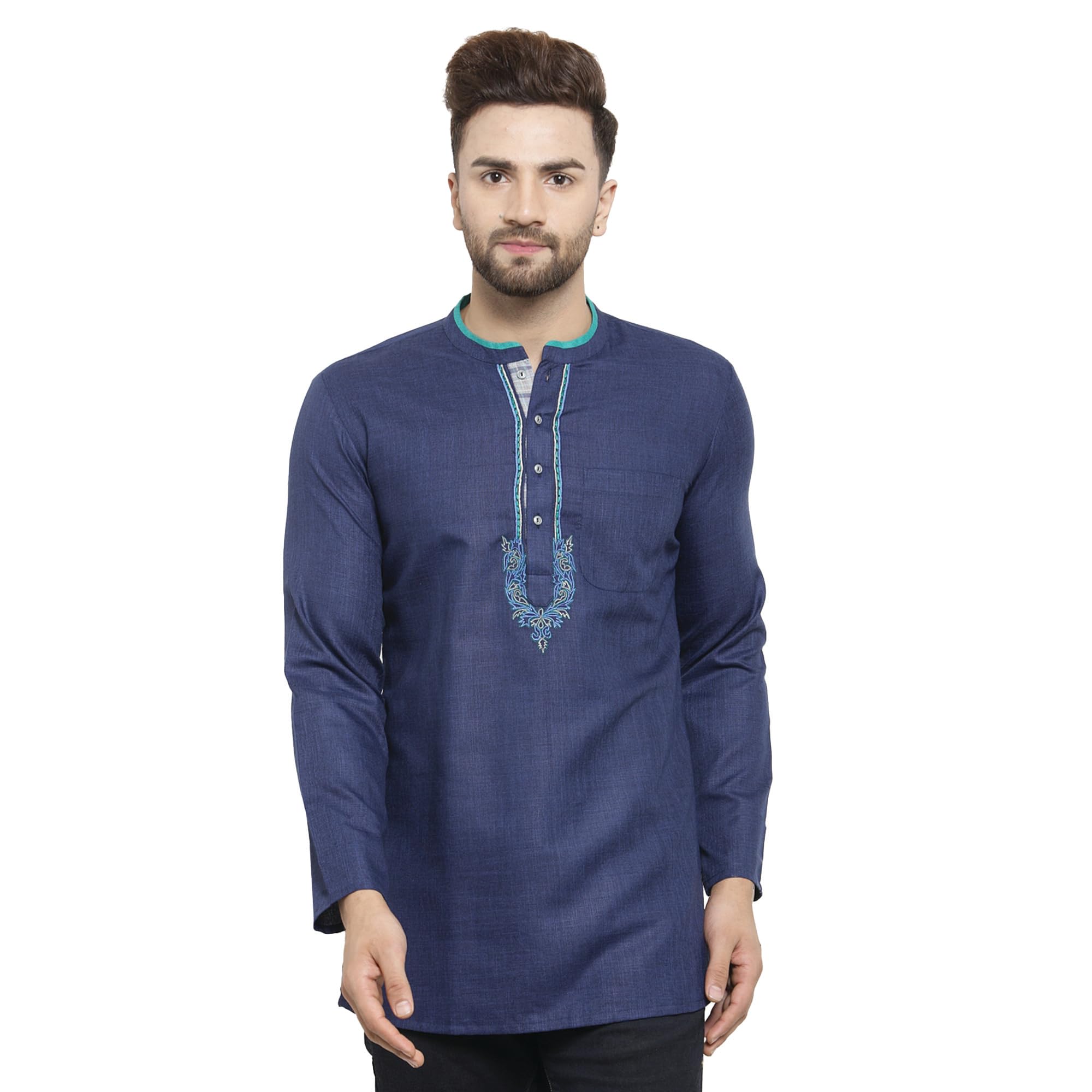 Men’s Cotton Navy Blue Full Sleeve Textured Kurta | Neck Embroidered Design Regular Fit with Mandarin Collar | Button Closure | Hip Length-image-38