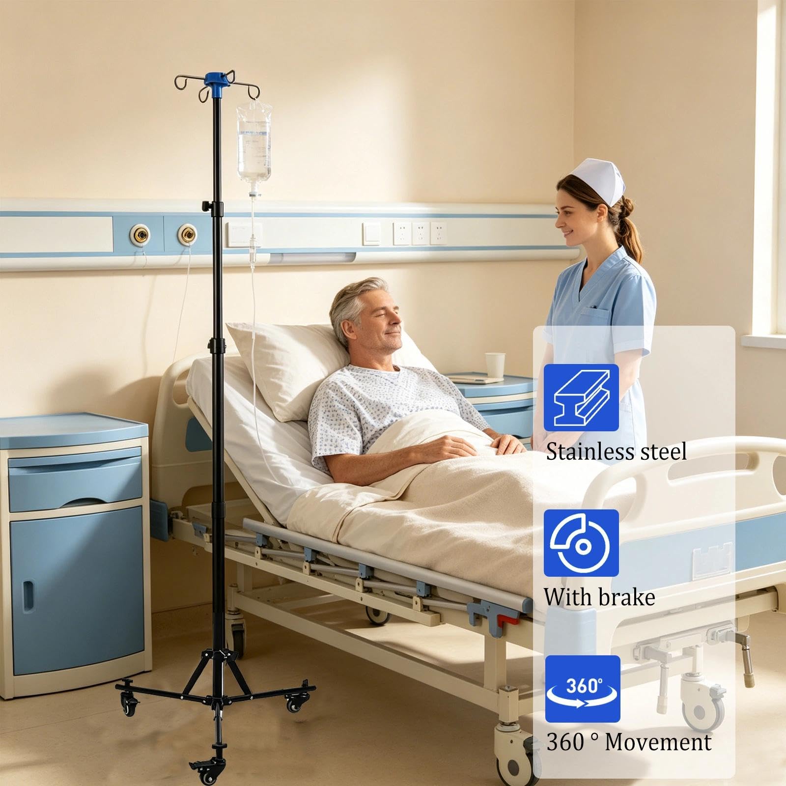 Porta-flebo con ruote, asta per flebo pieghevole, regolabile in altezza | Porta-flebo portatile, porta-flebo con 4 ganci, per ospedali e case di cura, acciaio inossidabile, regolabile in altezza