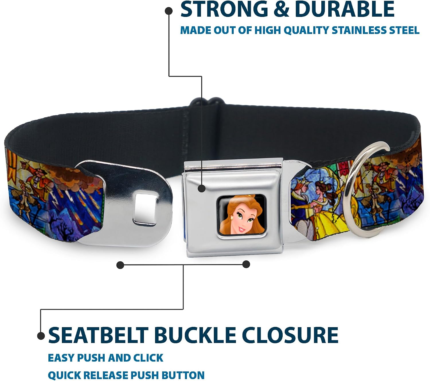 Buckle-Down Seatbelt Buckle Dog Collar - Beauty & the Beast Stained Glass Scenes - 1" Wide - Fits 11-17" Neck - Medium