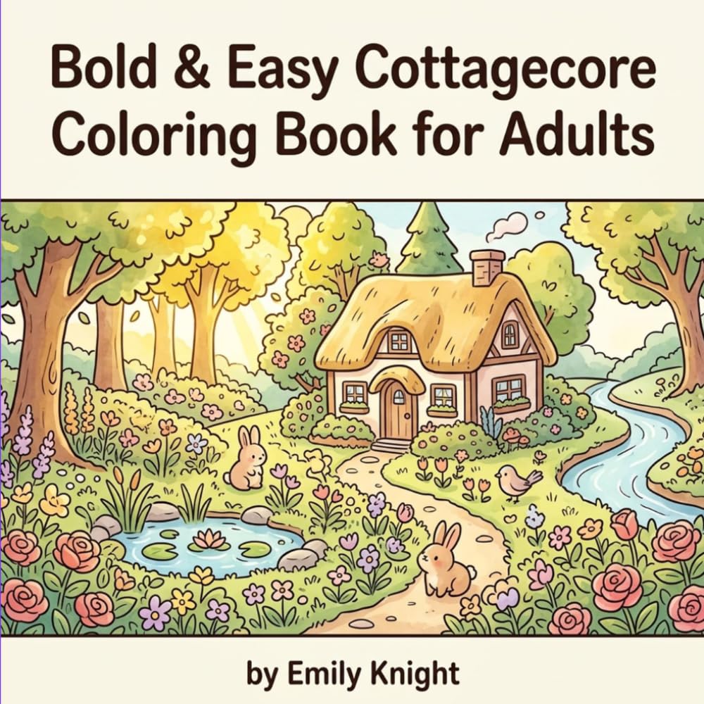 Bold & Easy Cottagecore Coloring Book for Adults: 40 Cozy Cottage Scenes with Wildflowers, Mushrooms, Cute Animals & Peaceful Village Life | Large Print Designs for Stress Relief & Relaxation