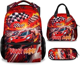 Custom Backpack with Lunch Box - Racing Car 3 in 1 Backpacks for Teens Boys, Lightweight Book Bags Set and Pencil Case for School Kindergarten Travel Outdoor Use