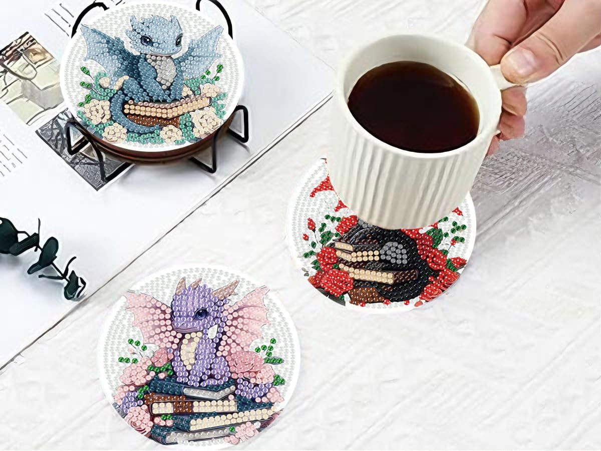 8 PCS Diamond Art Coasters Kits Dragon Book Diamond Painting Coaster Kits Diamond Coasters with Holder Cork Pads Gem Art Dots Paintings Crafts Supplies for Adults Beginners