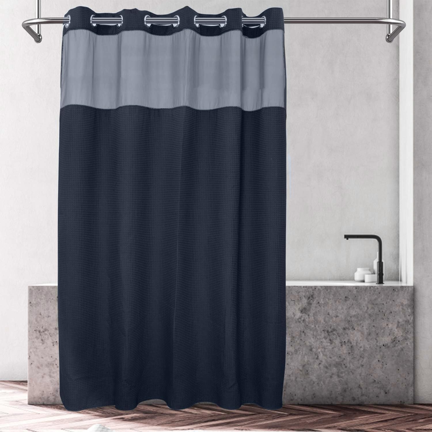 River Dream Navy Blue Fabric Shower Curtain Set, Cotton Blend, Waffle Weave, with Snap in Replacement Liner,71 x 74 inches