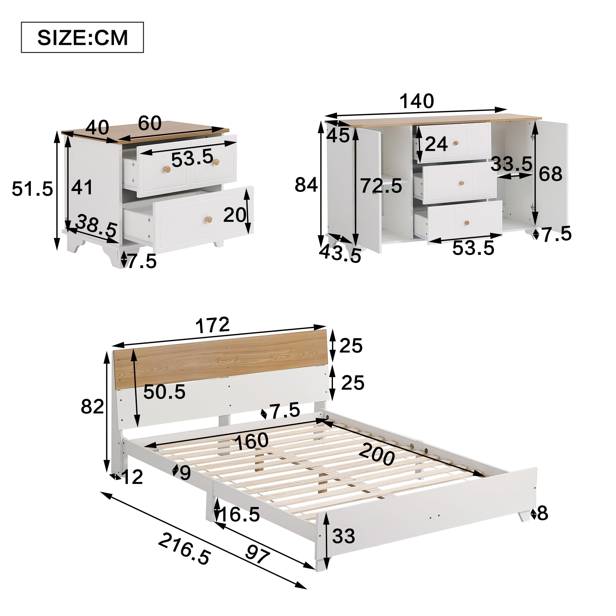 Set di 3 camere da letto complete, letto matrimoniale 160 x 200 cm, comodino+cassettiera, con 16 doghe, 2 cassetti e 2 ante