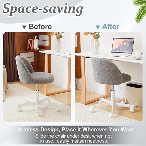 Miniatura 7 de VINGLI Silla Candy sin brazos, bonita silla de escritorio cómoda y pequeña con ruedas, silla de tocador con soporte lumbar, silla giratoria