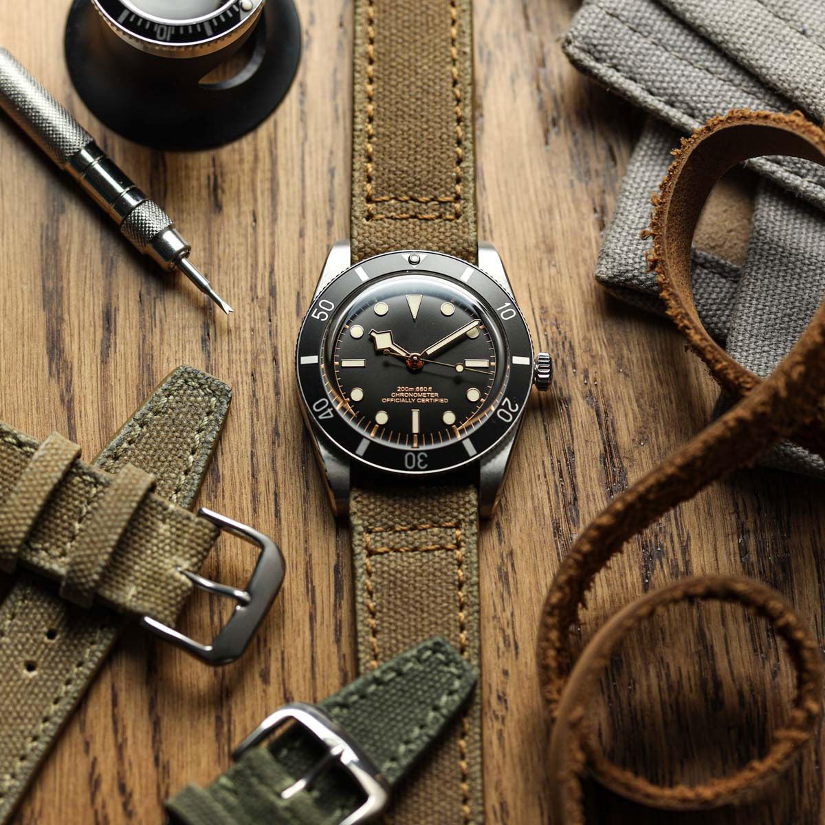 WatchGecko - Cinturino per orologio in tela, fatto a mano, in due pezzi, marrone