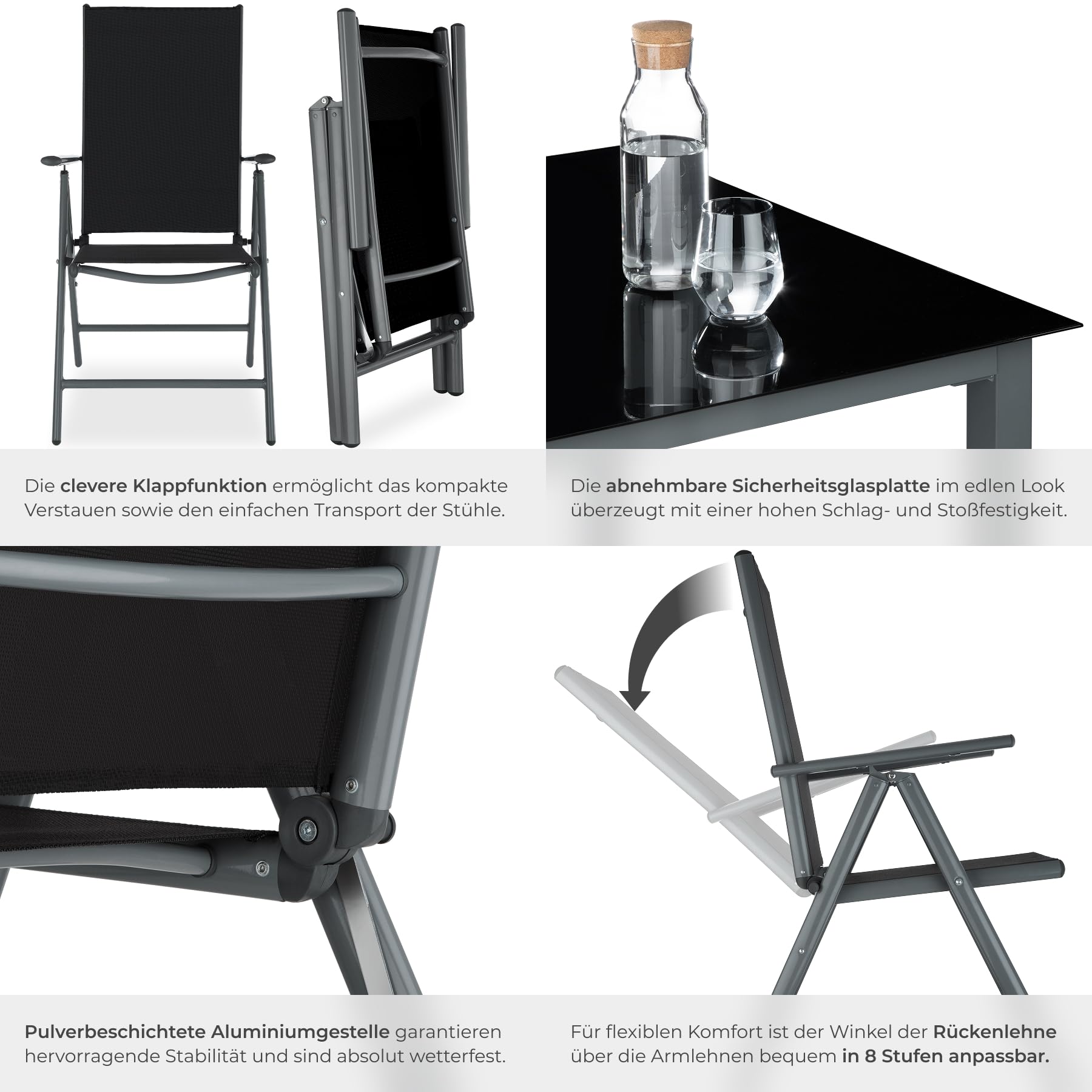 tectake® Gartenmöbel Set mit Tisch und 4 klappbaren Stühlen mit Verstellbarer Rückenlehne, Aluminium Gartenmöbel 4+1, Sicherheitsglas Tischplatte, Gartentisch mit Stühlen, wetterfest - anthrazit