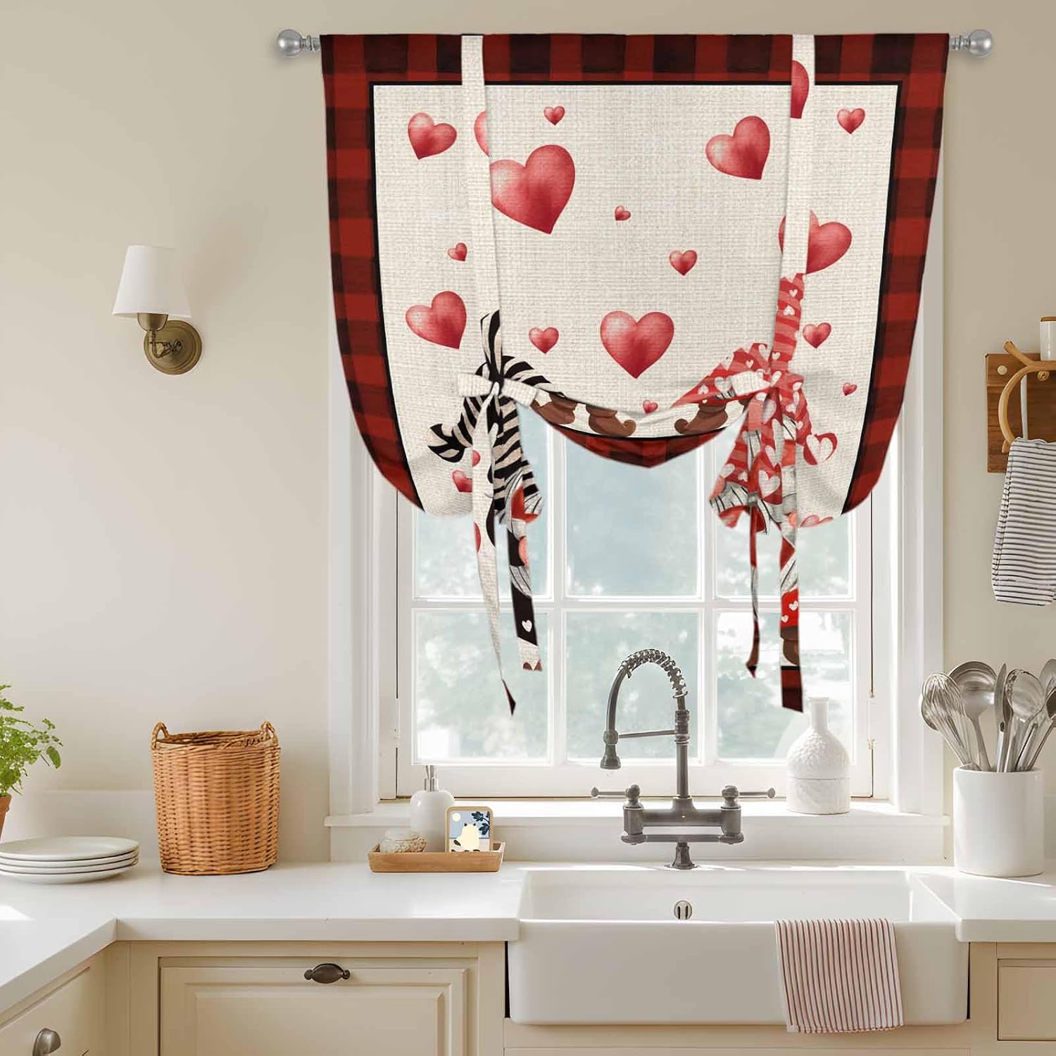 Valentine's Day Tie Up Curtains for Window, Love Gnomes Bow Red and Black Plaid Beige Thermal Insulated Balloon Shade Rod Pocket Curtains Valance Panels for Kitchen Bathroom Café 52'' x 45''