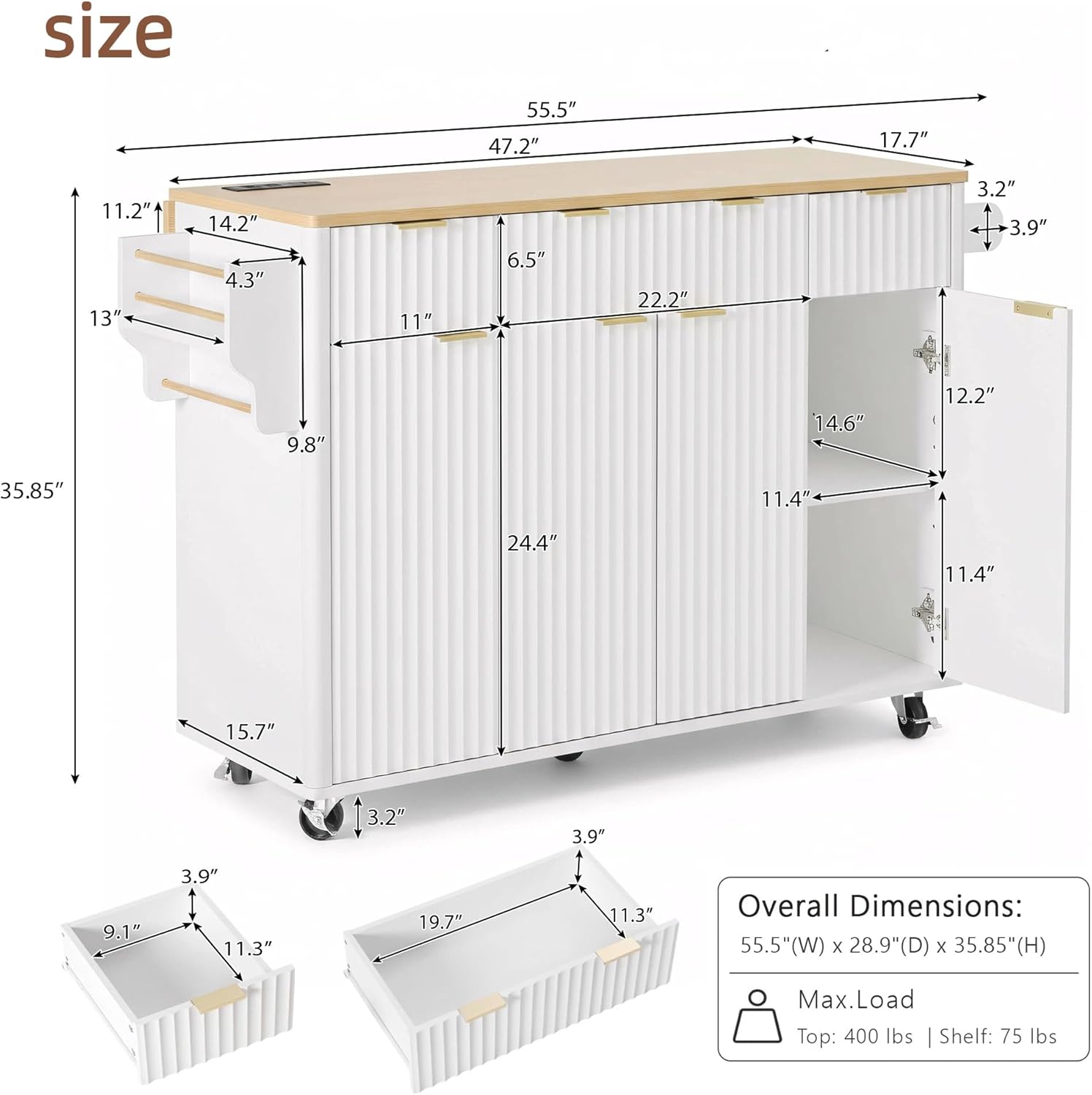 55.5" Mobile Kitchen Island, Fluted Kitchen Island with Storage, Drop Leaf, Power Outlet, 4 Doors and 3 Drawers, Wood-Grain Top, Rolling Island Table for Kitchen, Dining Room White