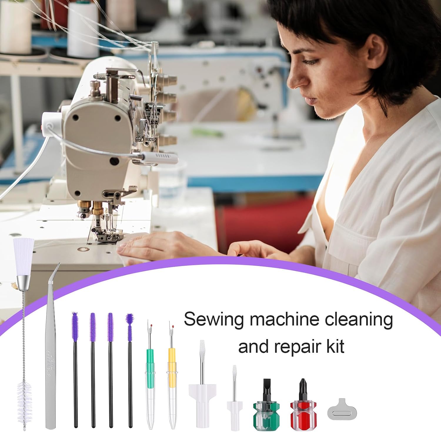 17pcs Sewing Machine Cleaning Kit, Include Rippers Tweezers Screwdriver Double Headed Brush Silicone Brush for Repairing and Sewing Cleaning Machine Tools