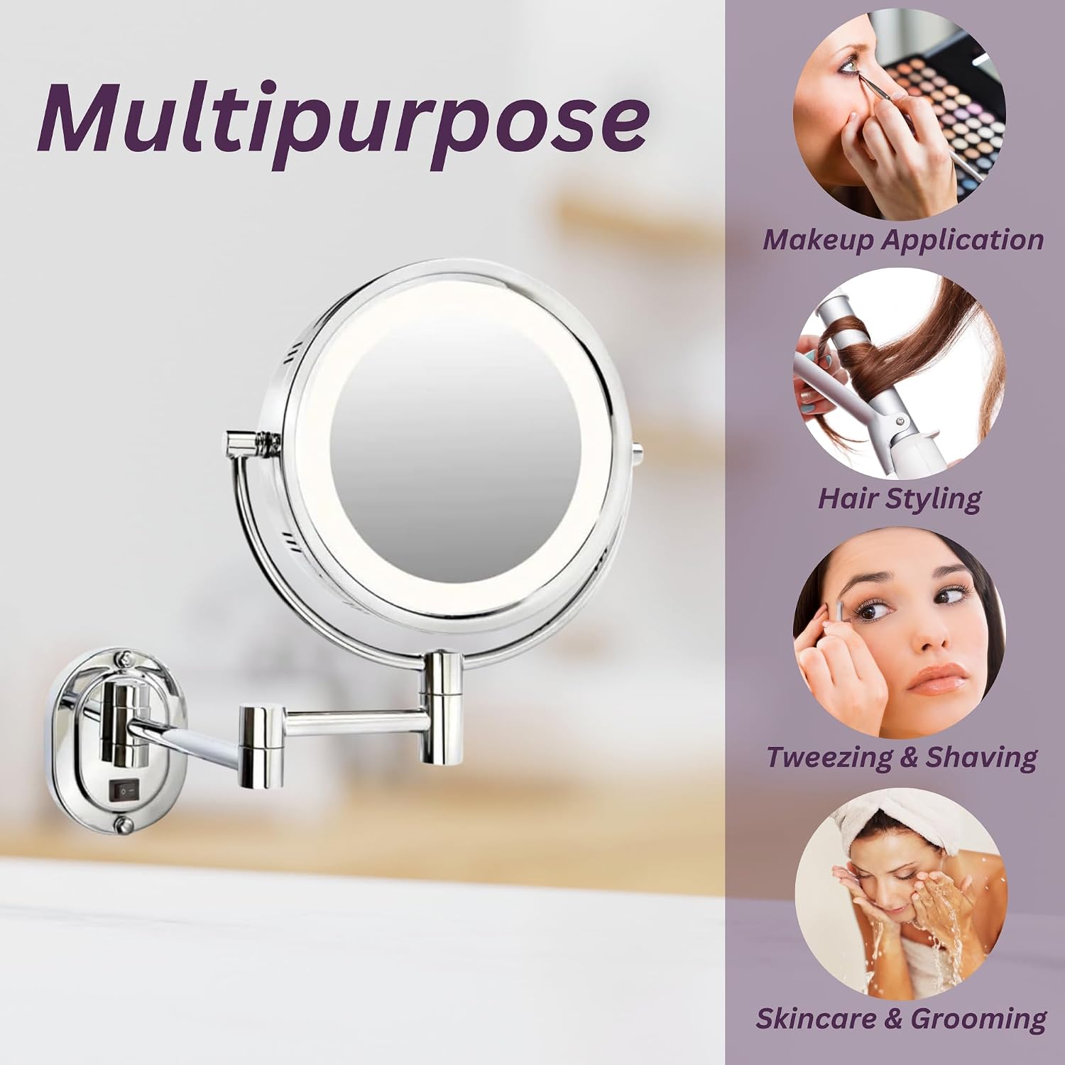 Illustrations showing multipurpose uses for the JERDON HL65CD mirror: Makeup Application, Hair Styling, Tweezing & Shaving, Skincare & Grooming.