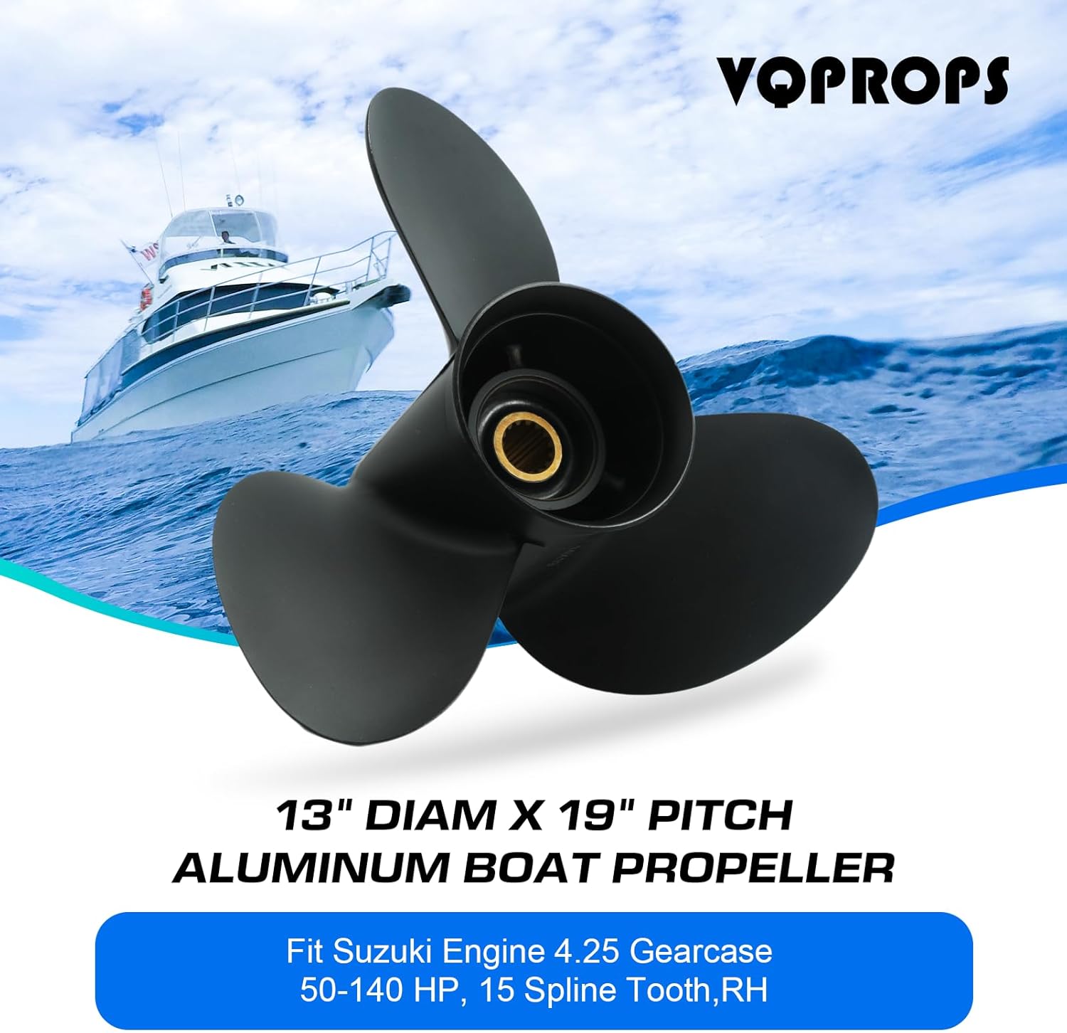 13 x19 Aluminum Boat Propeller for Suzuki DF 50/60/70/90/100/115/140HP Engine, 15 Spline Tooth, 3 Blades,OEM Parts No. 58100-94522-019,Rh