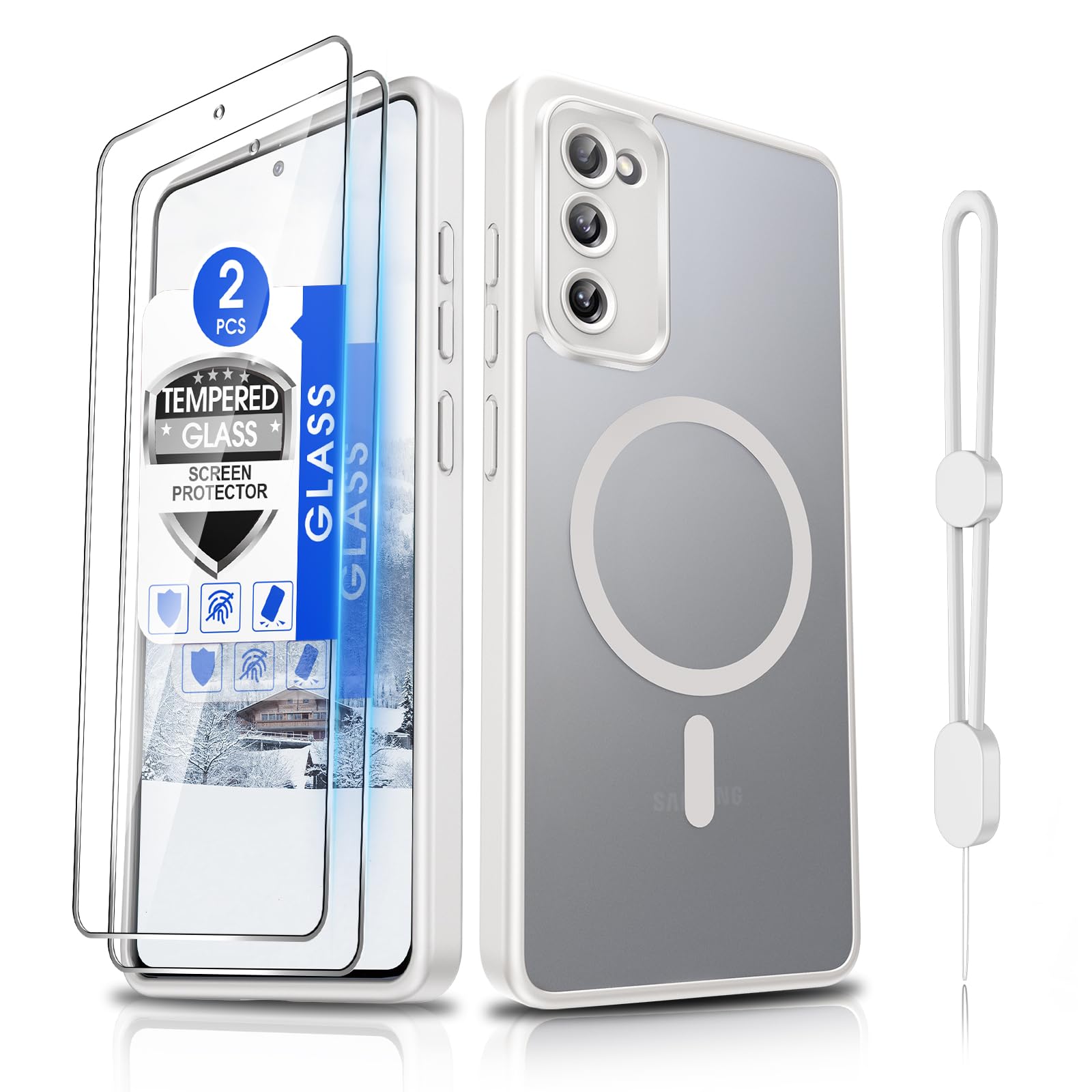 Dizn Magnetic for Samsung Galaxy S20 FE Case:[Not Fit S20],with Tempered Glass Screen Protector,Compatible with MagSafe,with Strap,Matte Translucent &amp; Military Grade Funda,Protective for S20FE, White