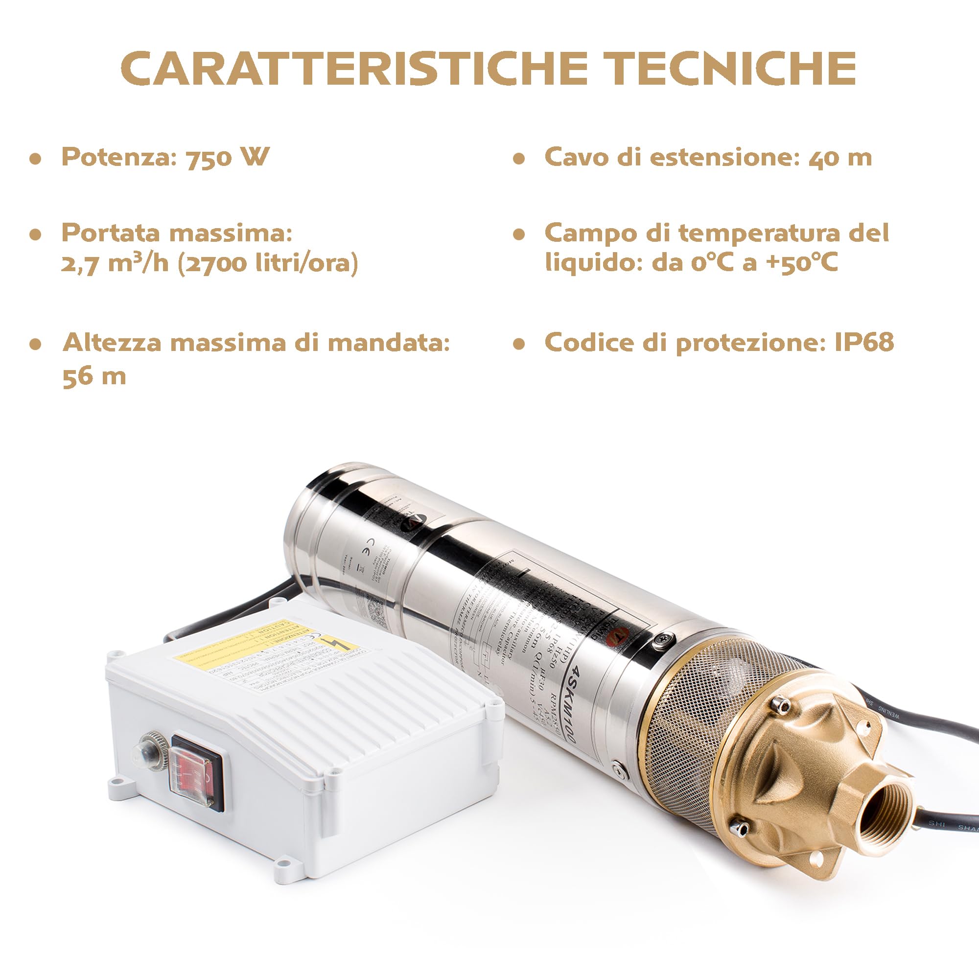 TIGMIG Pompa Sommersa Per Pozzi 750 W, 40m, Portata Max 2700 litri/h, Acciaio Inox 304, Protezione IP68, Pompa Immersione Sommergibile, Pozzi Profondi, Terreni Agricoli, Irrigazione, Drenaggio Cantine