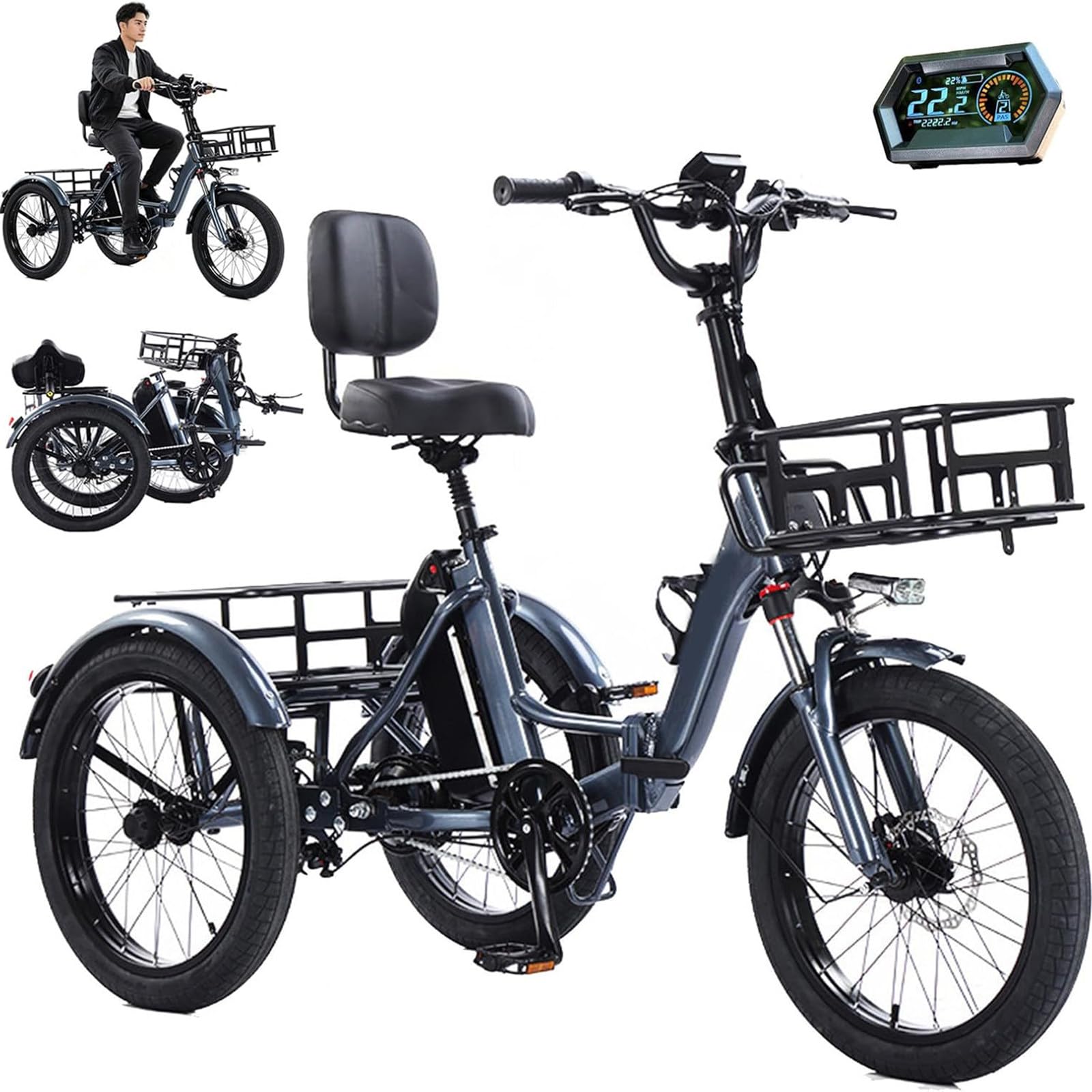 GCLCPAEN Electric Tricycle For Adults,20-Inch All-Terrain Tires,Aluminium Folding Tricycle,Front & Rear Basket,Lcd Screen,Adult Cargo Electric Trike,Daily Travel