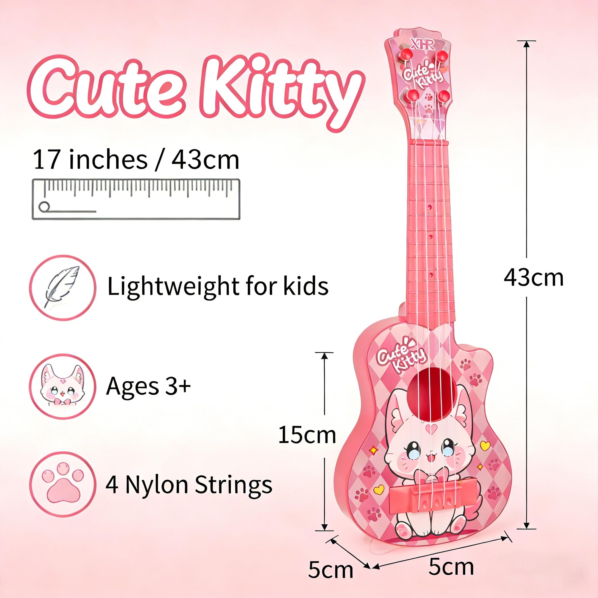 LeeQee Kinder-Ukulelen-Gitarre für Kleinkinder 3–6, 43,2 cm, Pink Kitty Spielzeuggitarre | 4 weiche Nylonsaiten mit Plektren, einfach für kleine Hände, Anfänger Musikinstrument für Vorschuljungen und Mädchen