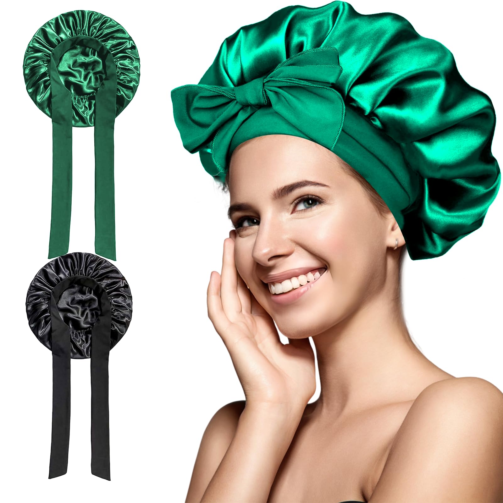 2 Stück Seidenhaube zum Schlafen, Satin Bonnet Nacht Schlafmütze, Satin Haarhaube die Nachthaube mit Gummiband für Geeignet, Schlafen, Hautpflege, Haarschutz, zum Schminken usw (Schwarz und Grün)