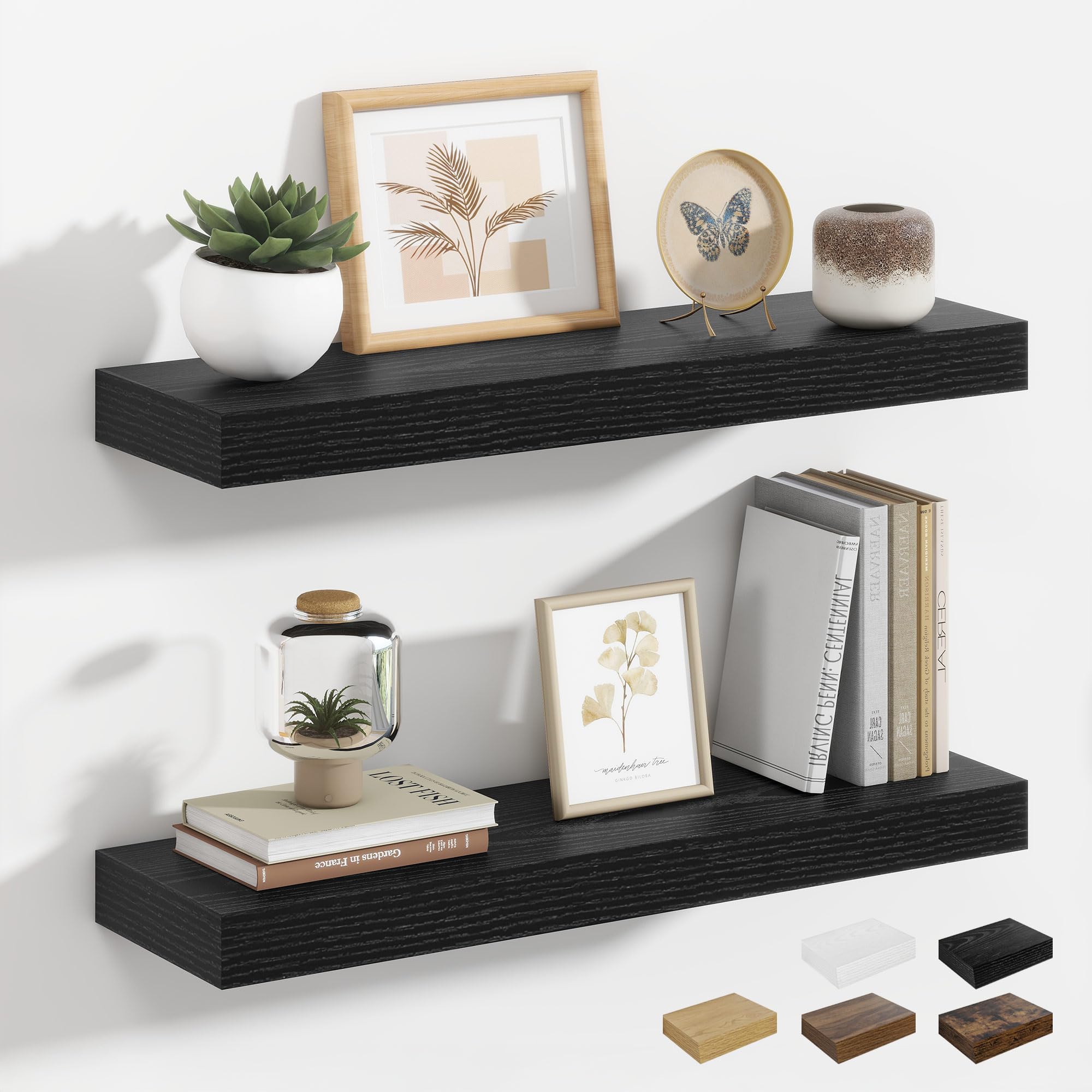 Heimlove Floating Shelves, Set of 2 Floating Shelf 50cm, Black Wooden Shelves, Wall Mounted Shelves for Wall, Book Shelf for Living, Bathroom, Kitchen Bedroom and Home Decor