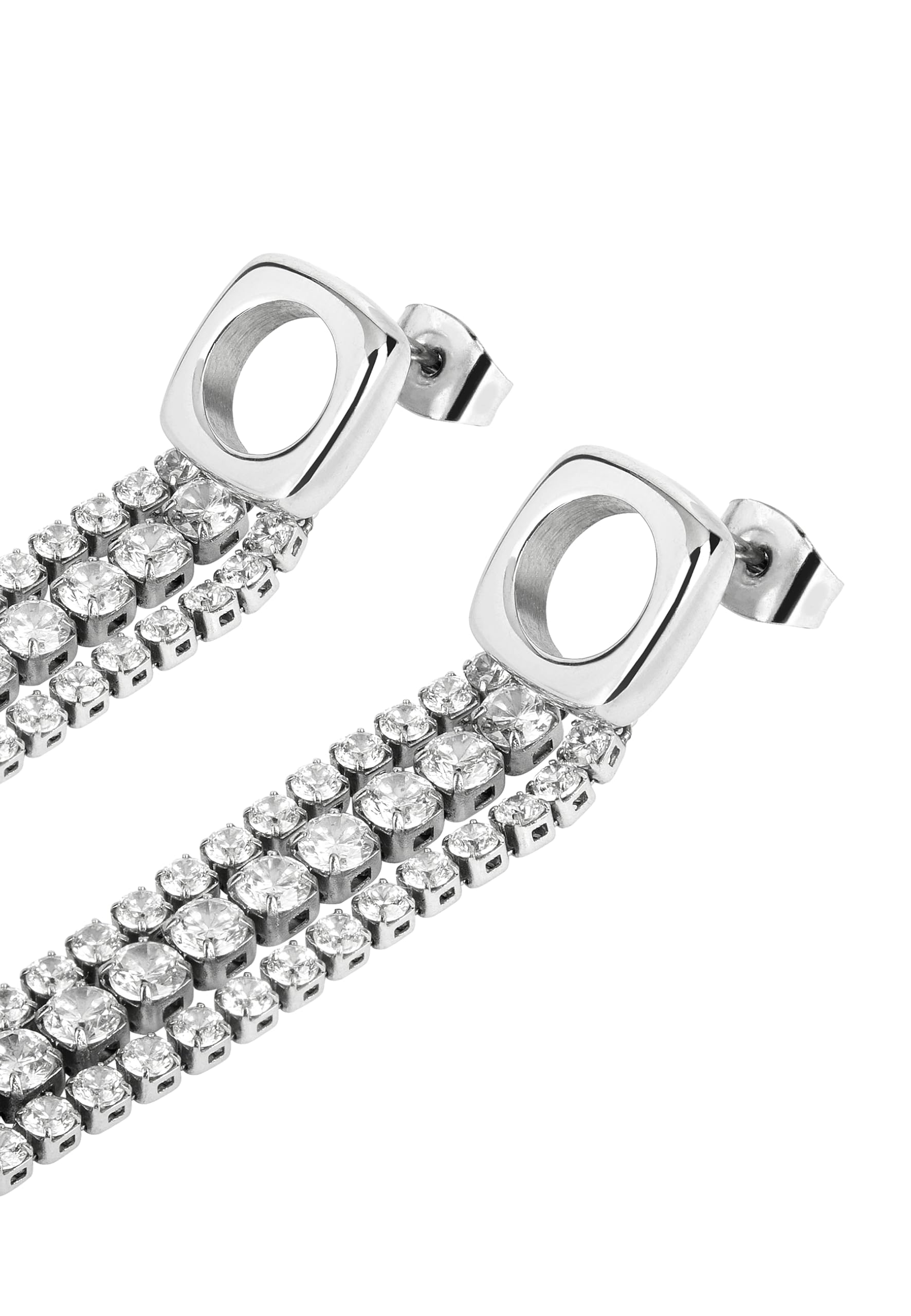 Breil, Collezione Gem, Orecchini Donna Pendenti in Acciaio Lucido, con Elemento Quadrato e Frange Tennis di Cristalli, Chiusura a Farfalla, Lunghezza 10 cm, Idea Regalo Donna
