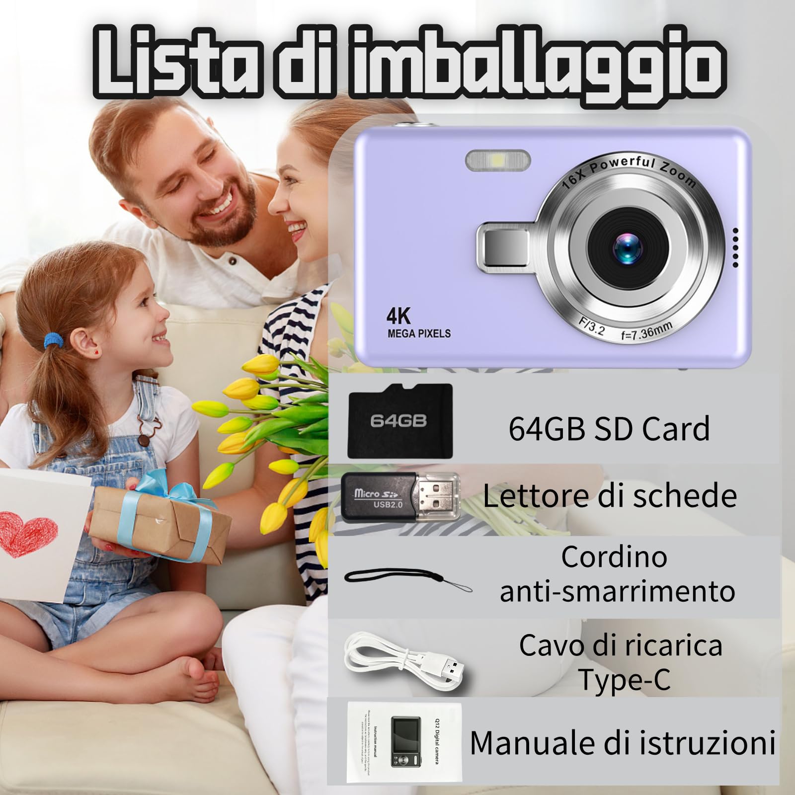 Fotocamera Digitale 4K 50MP, Macchina Fotografica Compatte per Ragazzi, Zoom 16X, Schermo LCD da 2,4", Scheda 64G, Batteria Integrata, Ideale per Bambini, Adolescenti, Principianti, Lilla