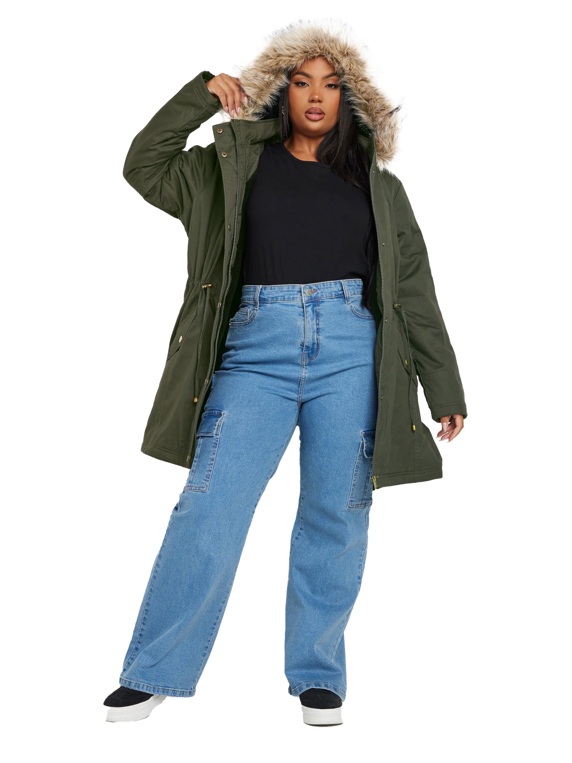 Yours - Women's Parka Coat - Faux Fur Trim - Dark Green - Size 26-28