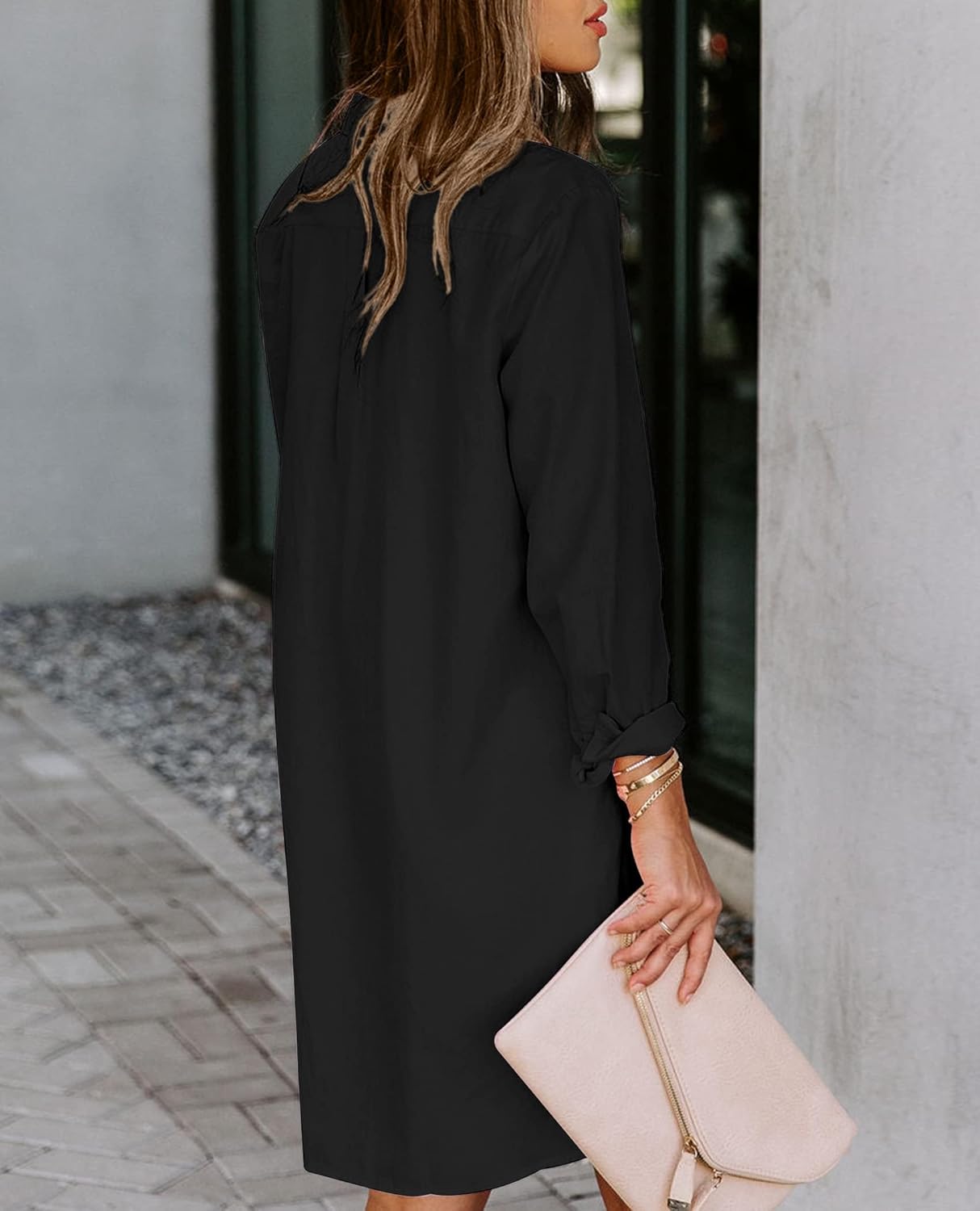 Womens Button Down Shirt Dresses with Pockets Cotton Button Up Tunics Long Sleeve Solid High Low Blouse Tops - Image 2