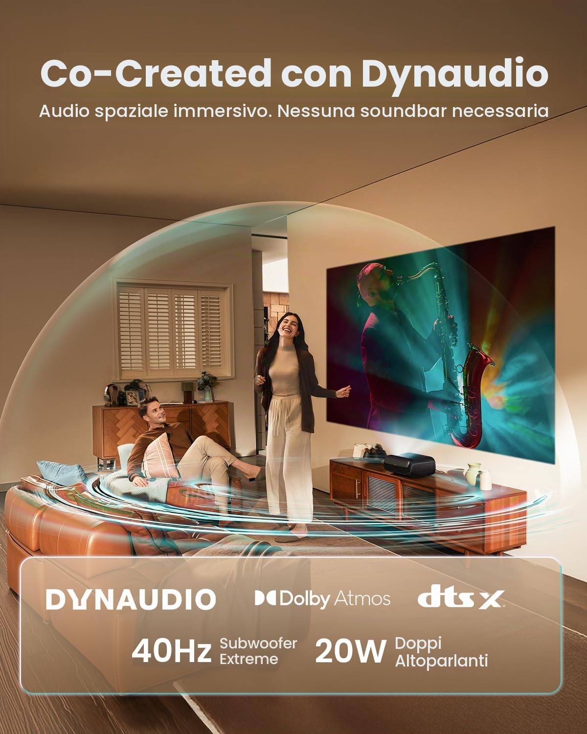 JMGO O2S Ultra Proiettore Laser Ultra Corto 4K UHD, 3600 Lumen ISO, GTV | Triple Laser, Rapporto Di Proiezione 0,16:1, Dolby Vision & Atmos, Contrasto 4000:1, Dynaudio 20W, DTS-X, Home Cinema 150"