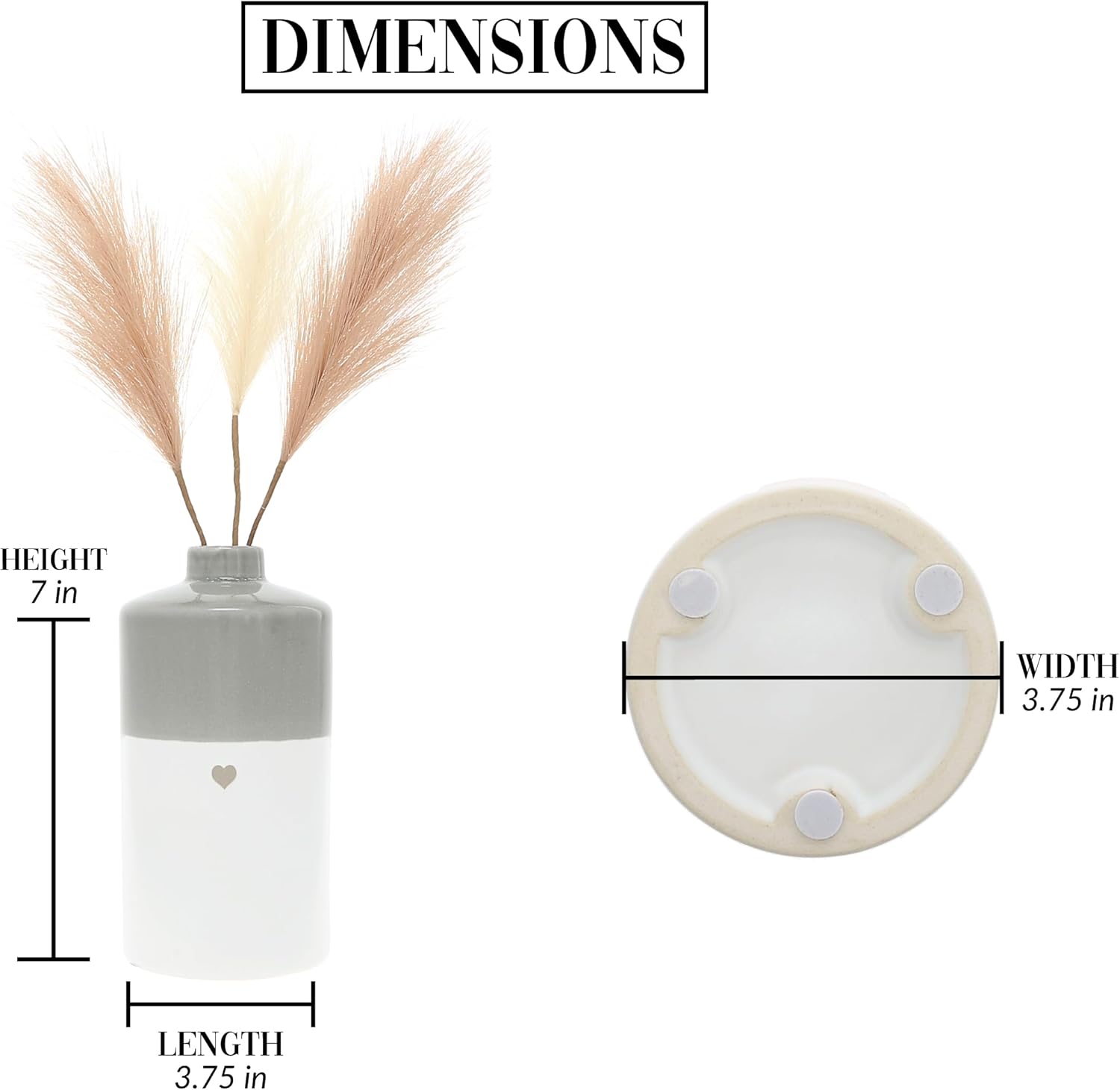 Pavilion Gift Company - Heart - 7" Vase with Three Faux Pampas Grass Stems Celebration of Love Wedding Bridal Shower Baby Shower Neutral Boho Home Decoration 26 oz 775 mL Drinking Water Carafe