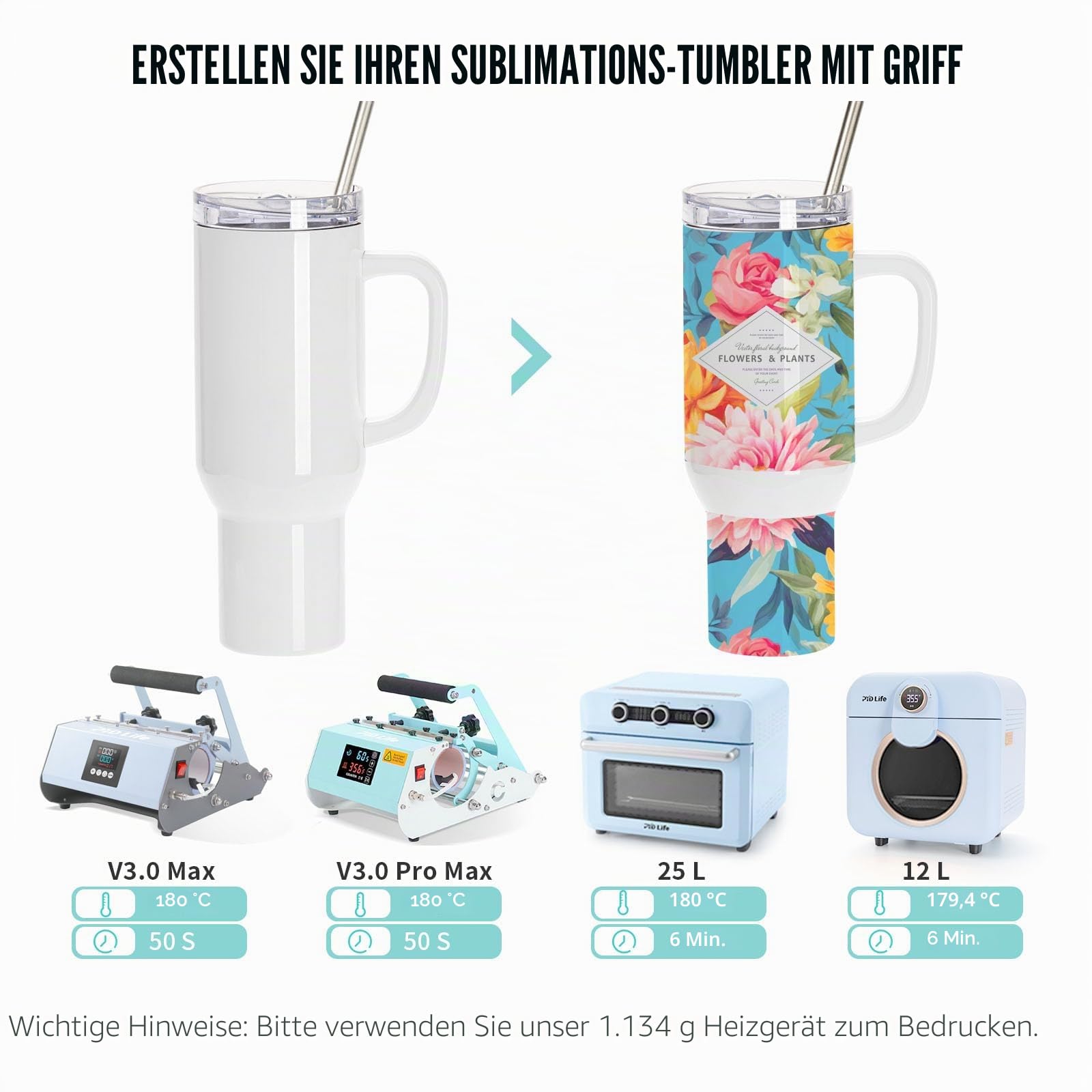 PYD Life Sublimationsbecher mit abnehmbarem Griff und Strohhalm-Deckel, Rohlinge, weiß, für 1,2 l Becher, Heißpresse, Sublimationsdruck, Ofendruck, 2 Stück
