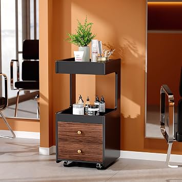 Salon Trolley Cart, Esthetician Cart with 2 Drawer & 2 Trays, 2 Lockable Wheels Hair Styling Station, Tool Organizer Storage Cabinet for Beauty Spa Barbershop, Black Walnut